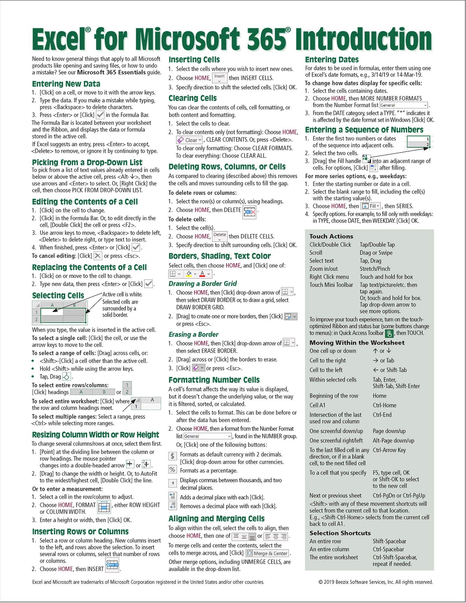 Microsoft Excel 365 Introduction Quick Reference Guide - Windows Version (Cheat Sheet of Instructions, Tips & Shortcuts - Laminated Card)