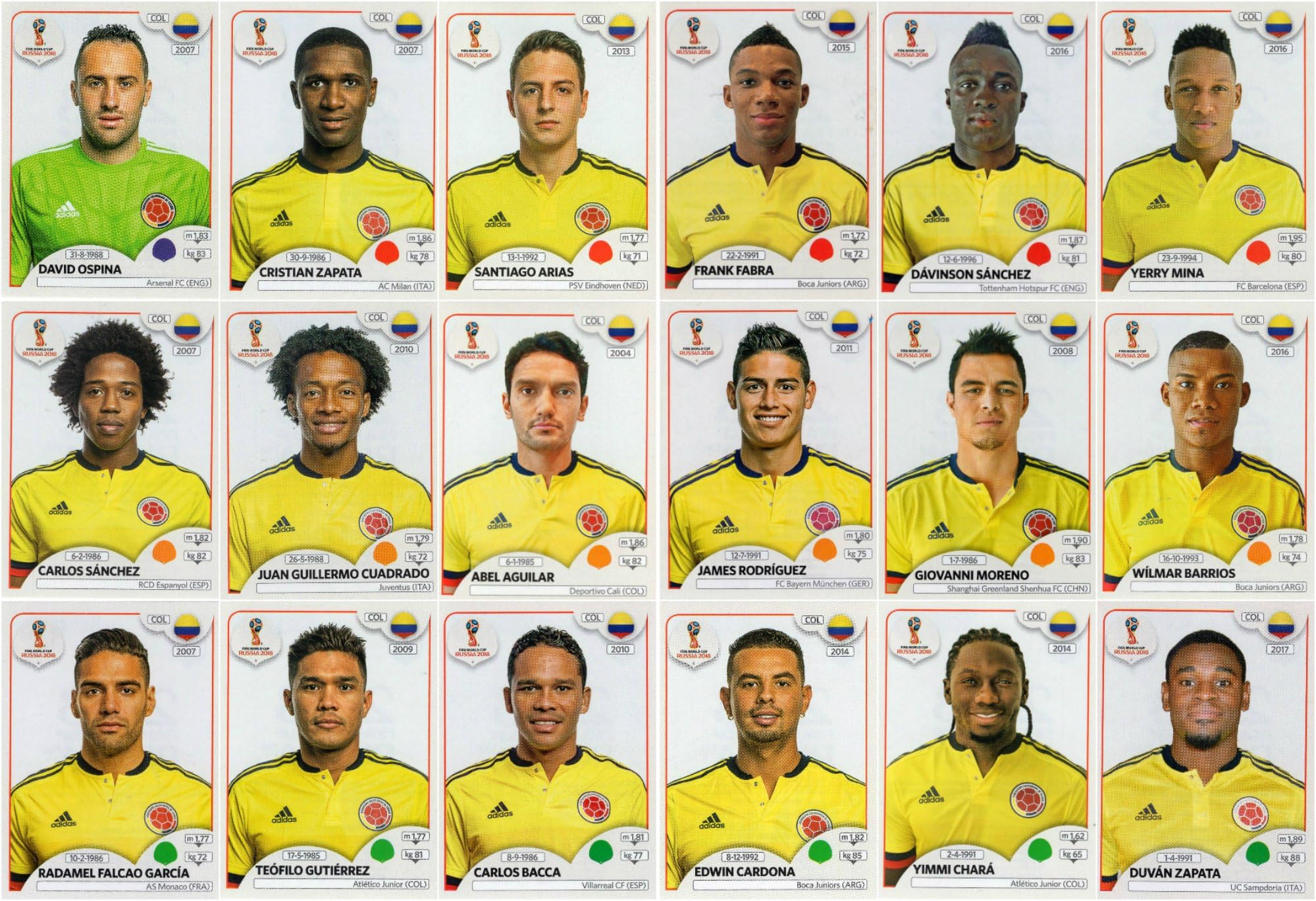Panini WORLD CUP 2018 STICKERS - 18 COLOMBIA STICKERS - TEAM SET - PLAYERS ONLY #634 - #651