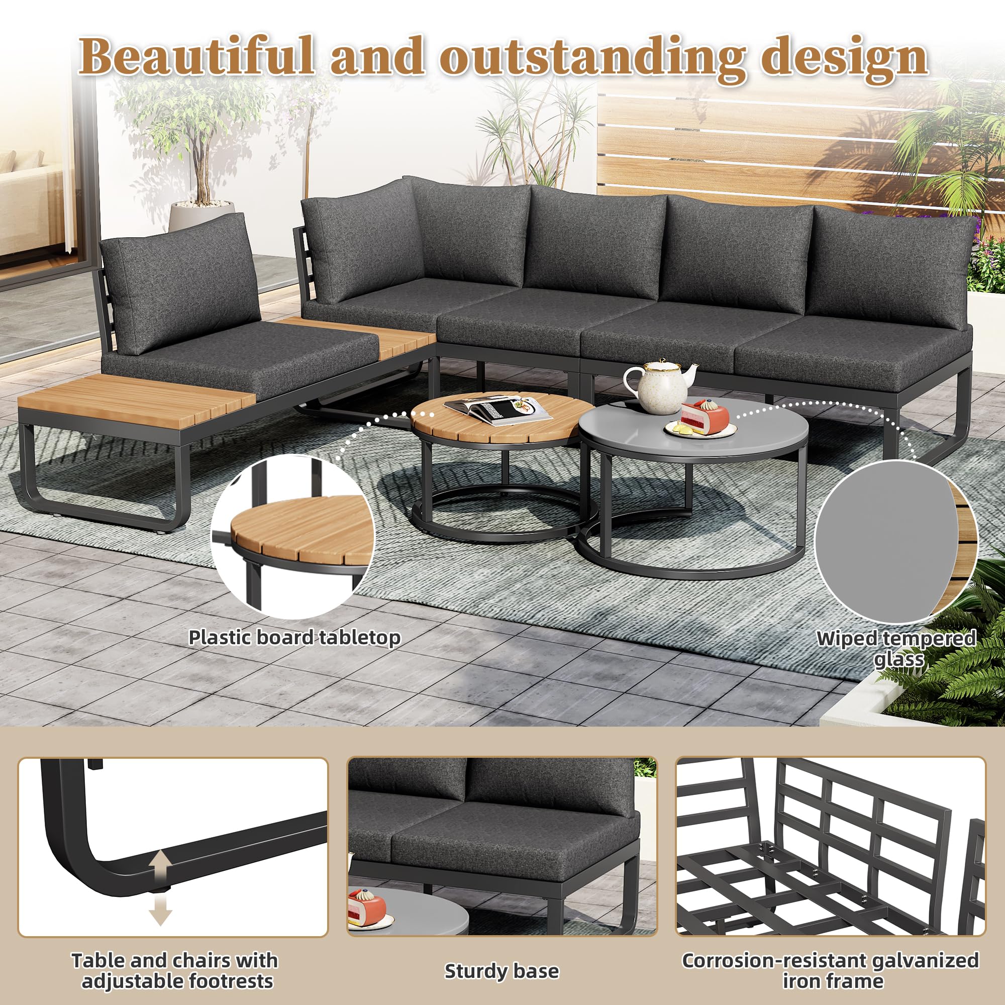Muebles Jardin Exterior de 5 Piezas con 2 Mesas y Cojín Suave, Sofa Terraza Exterior para 4-5 Personas, Conjunto Jardin Exterior con Patas Ajustables y Mesita Auxiliar, Estructura Metal, Gris