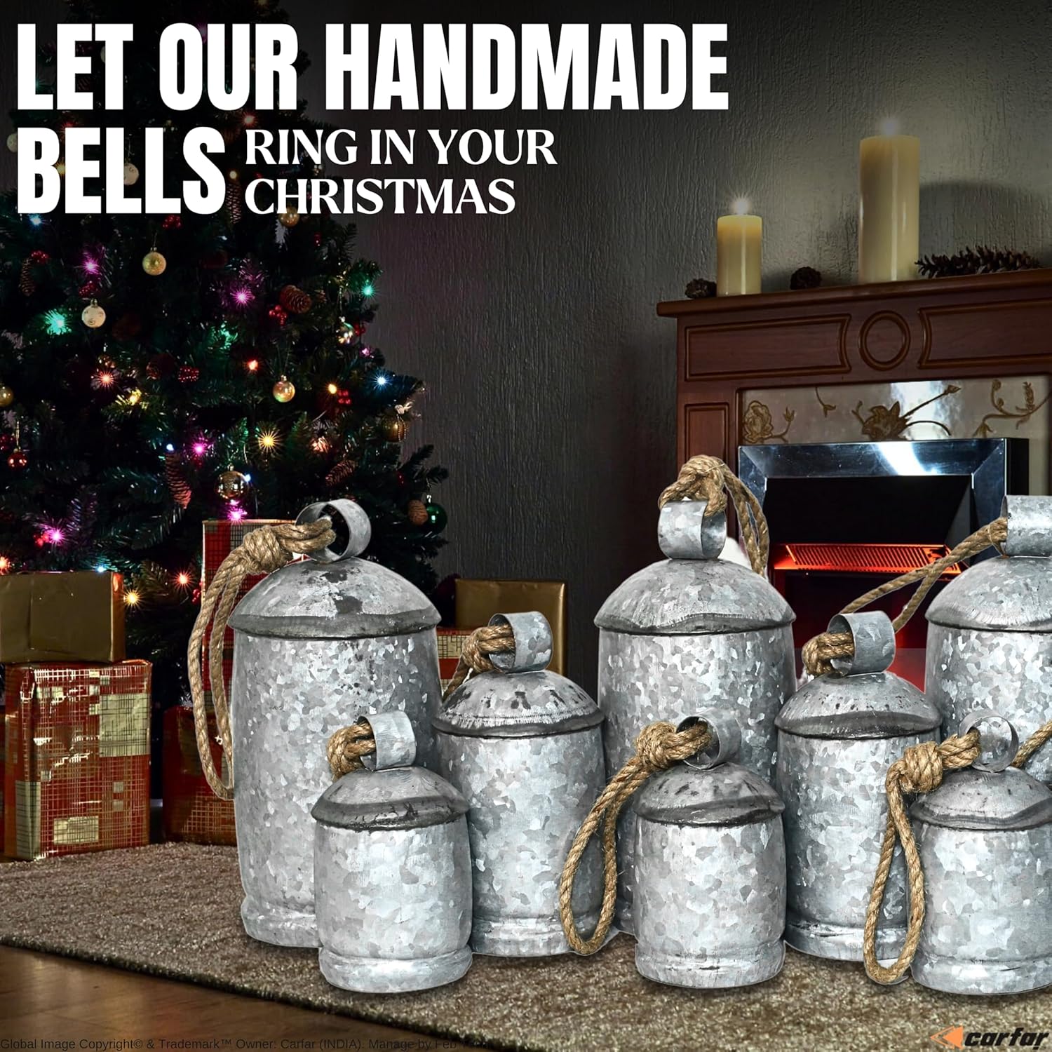 Shabby Chic Galvanised Vintage Style Handmade Christmas Jingle Harmony Cow Bells on Metal Hanging Rod Complete Set X-Large 45" 22" 8"