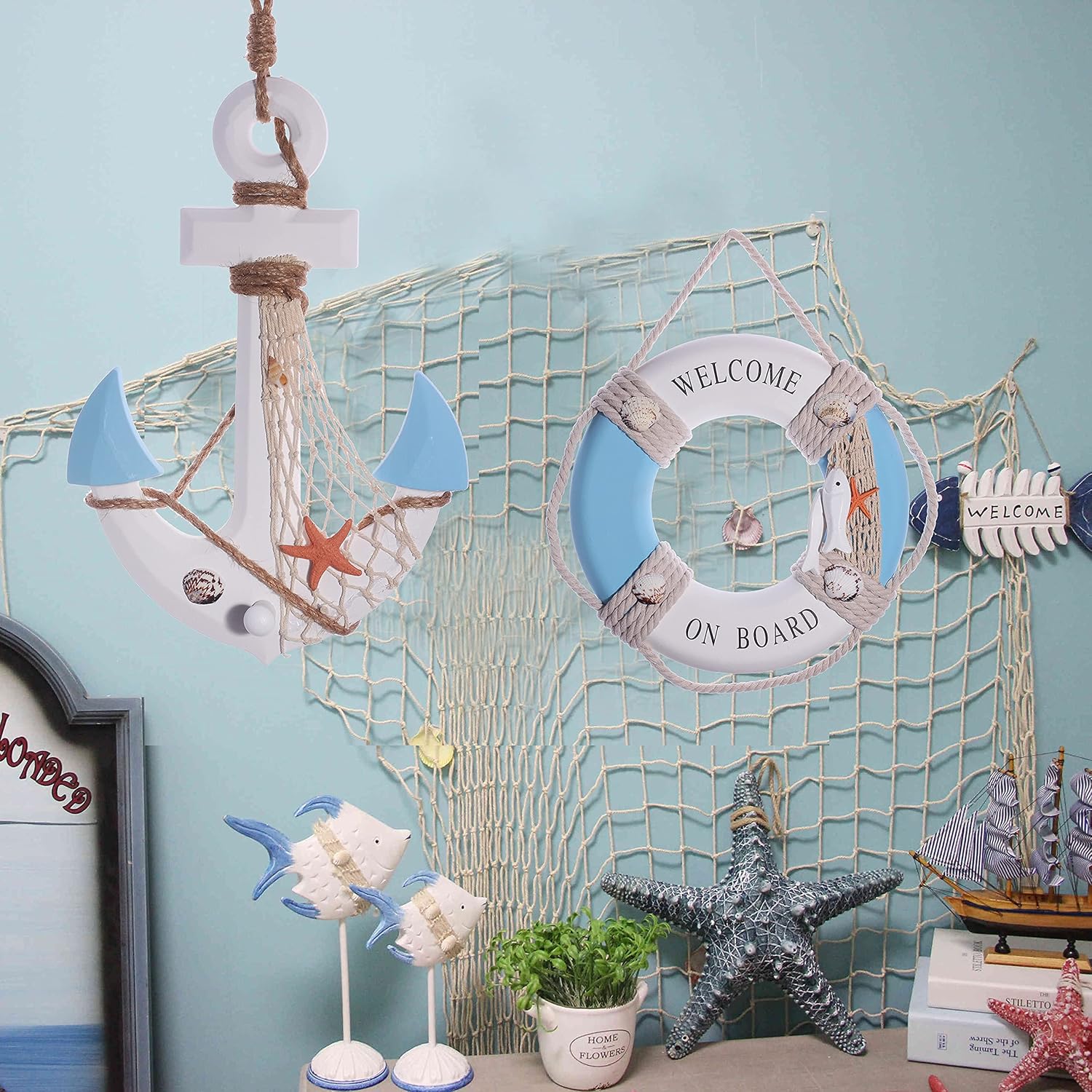 2 Pack 13" Nautical Beach Wooden Ship Wheel and 13" Wooden Anchor with Rope Nautical Boat Steering Wheel Rudder Anchor Wall Art Decor Door Hanging Ornament Beach Theme Home Decoration (Star Blue)