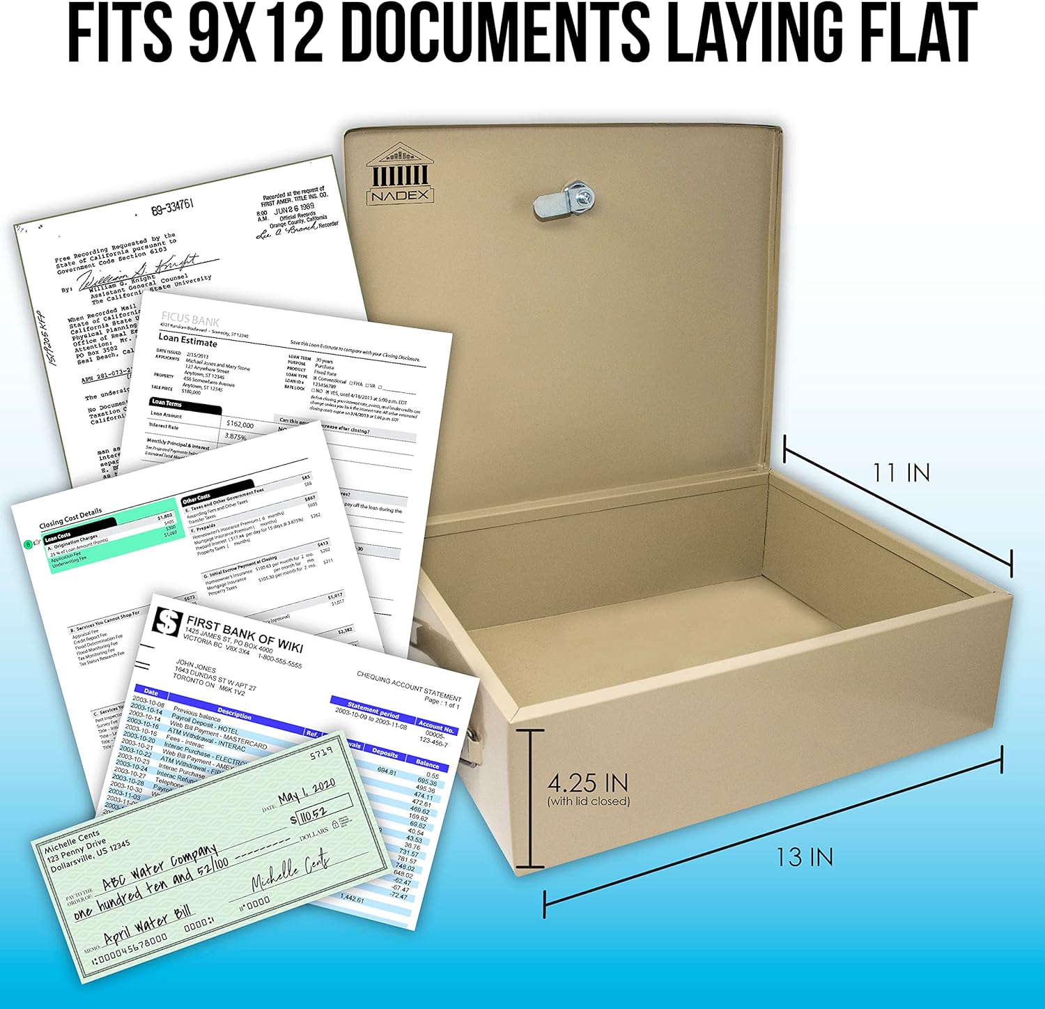 Nadex Steel Security Chest, Fire Retardant Box with Lock and Key | 14.5 x 11 x 4 Inch Fire Security Chest Internal 12-3/16" x 10-3/16" x 3-1/2"