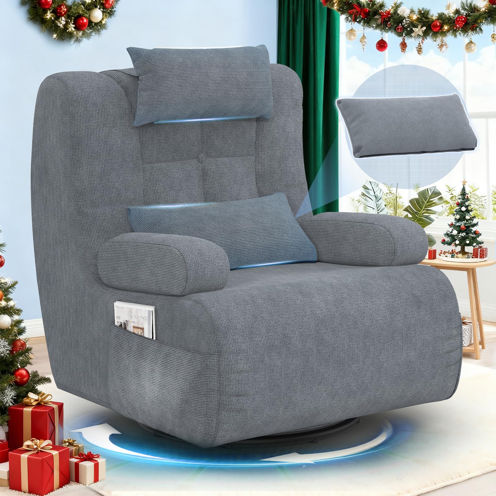 3-in-1 Relaxsessel, 360°Drehsessel,Extragroßer,Gepolsterter Hochlehner-Sessel mit 2 zusätzlichen Kissen, 2 Seitentaschen,Gepolstertem Sitzkissen und Rückenlehne, Akzent-Relaxsessel für Wohnzimmer