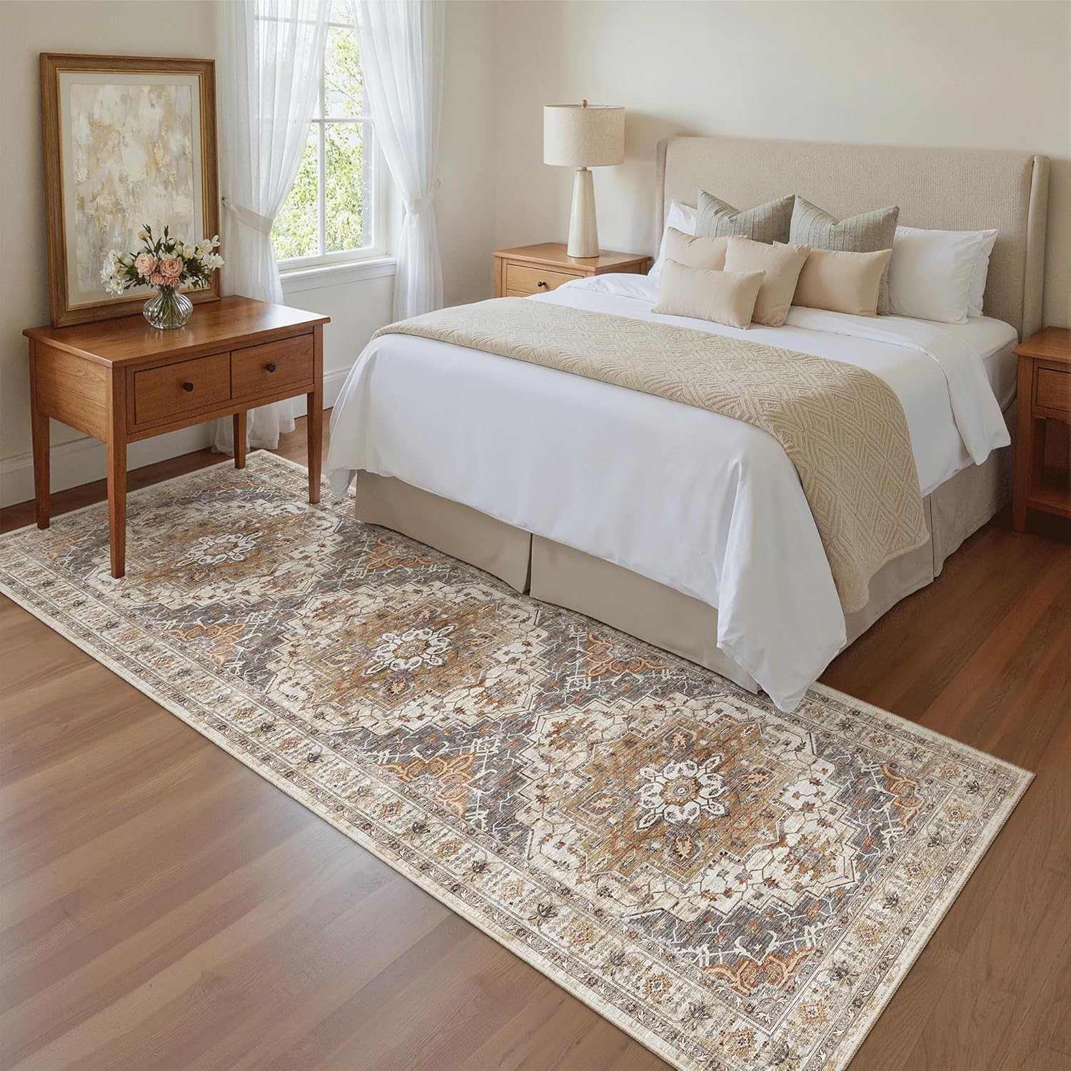 Madane Runner Rug 2'6''x8' Kitchen Runner, Hallway Runner Printed Vintage Washable Rugs Soft Non-Slip Low Pile 2.5x8 ft Runners for Hallways Laundry Room Rug Distressed Rug, Turmeric/Grey - Image 4