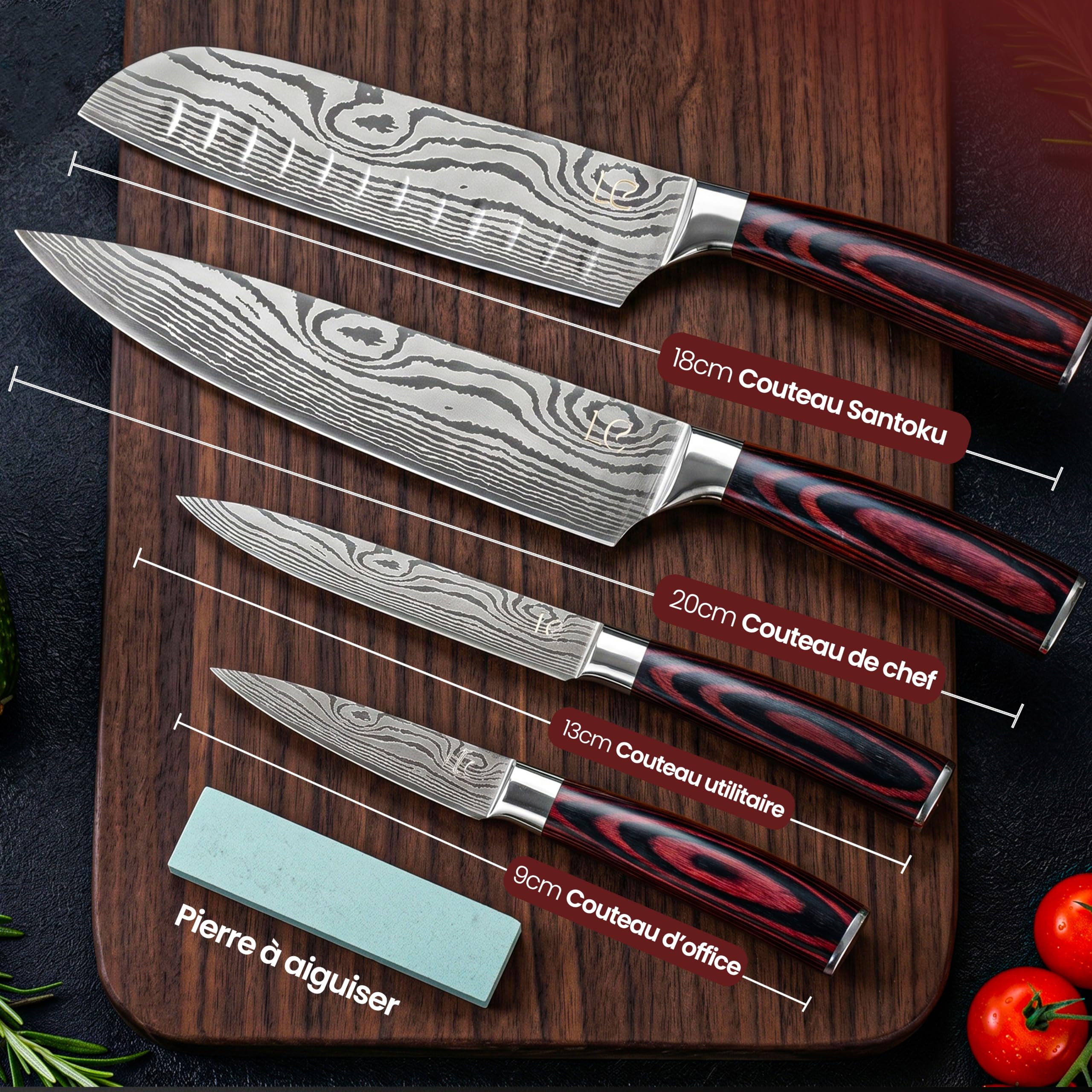 Set de 4 Couteaux Japonais avec Pierre à Aiguiser – Chef, Santoku, Utilitaire, Office – Motif Damas – Manche Bois Pakka – Coffret Cadeau à offrir