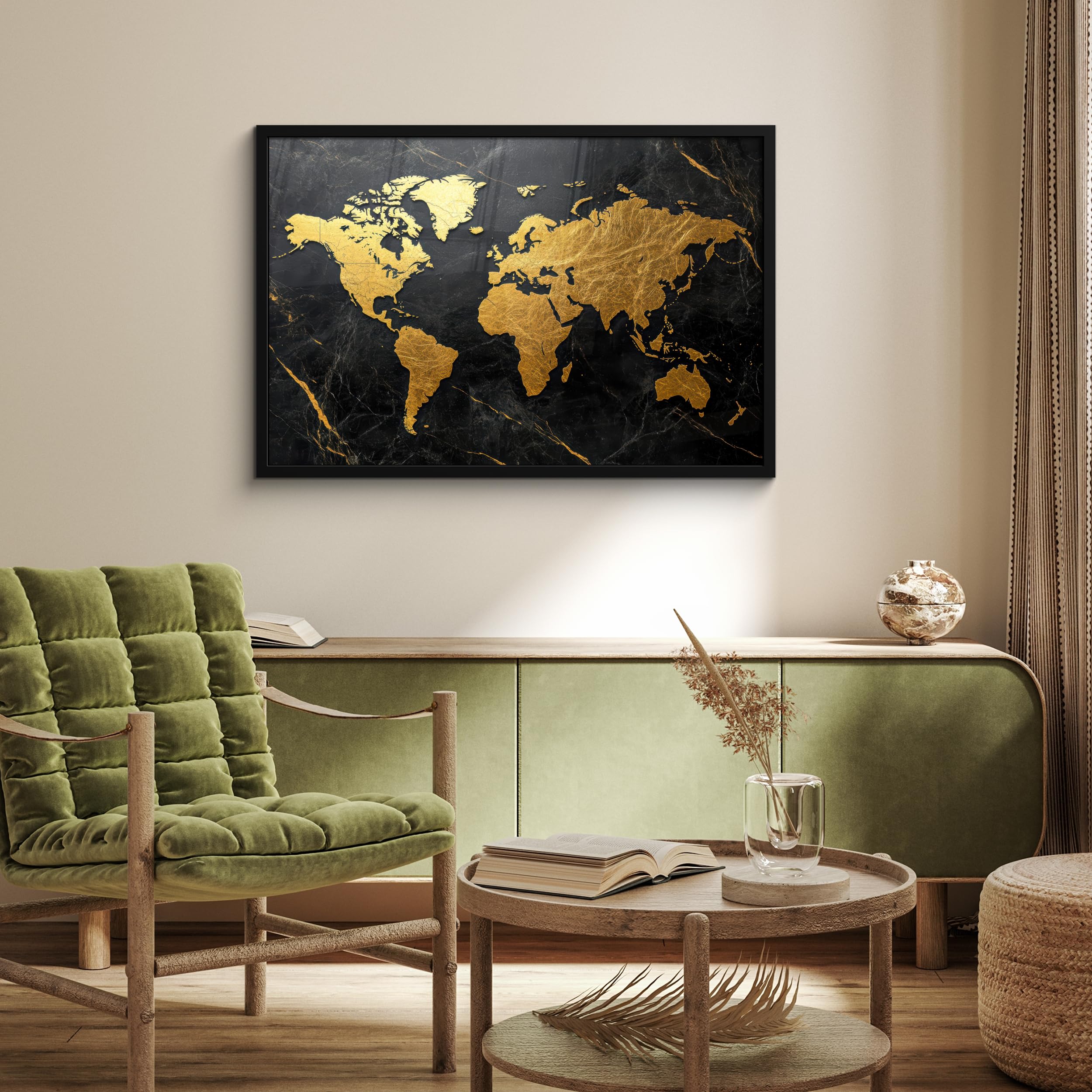 MuchoWow© Cuadros Con Marco 90x60 cm Decorativa Grandes Dimensiones Pequeños Salones Quarto Tripticos Oficina Wall Pasillo Dormitorio Mapamundi - Oro - Mármol