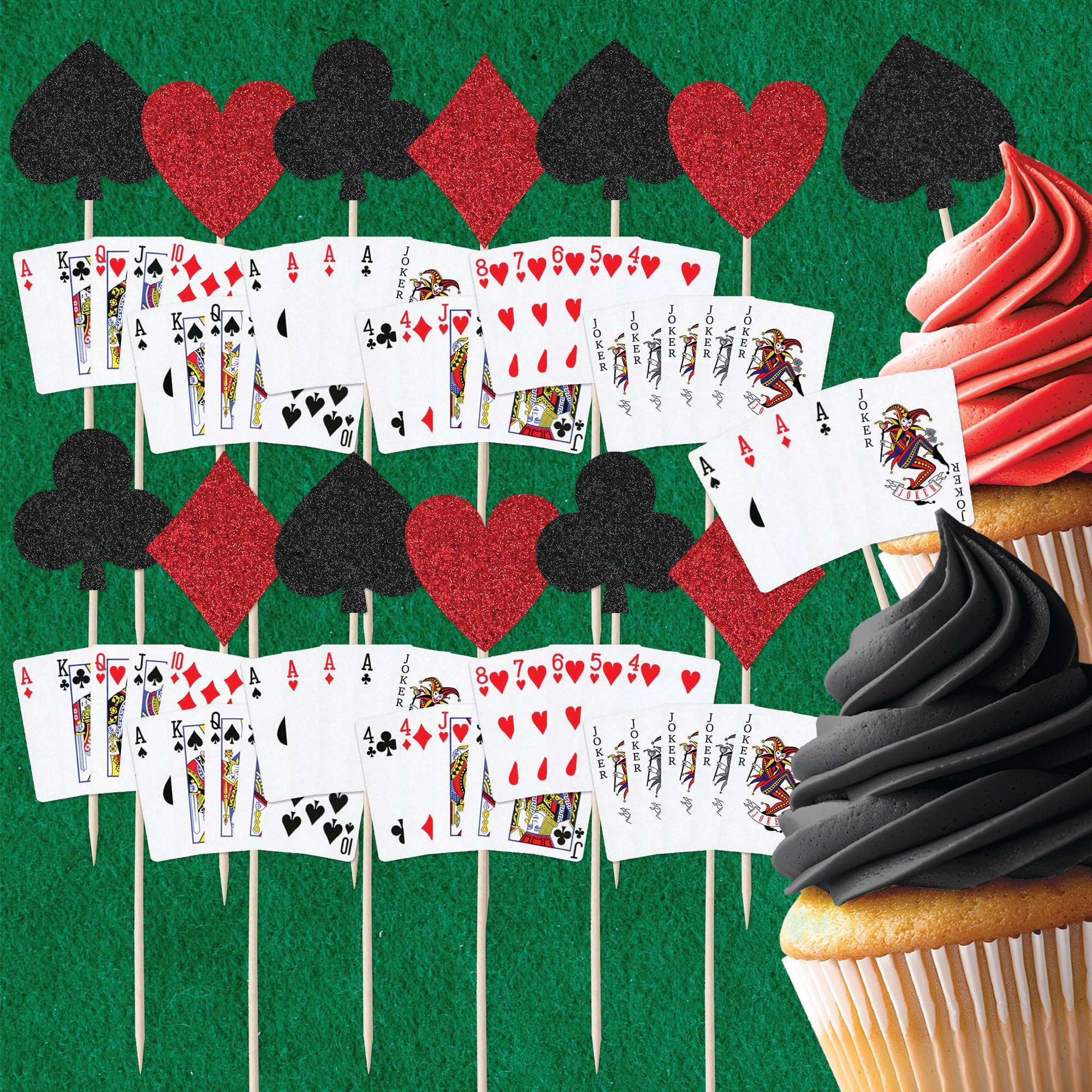 Playing Cards & Glitter Card Suits Cupcake Toppers - 24-Piece Party Decoration Set - Image 3