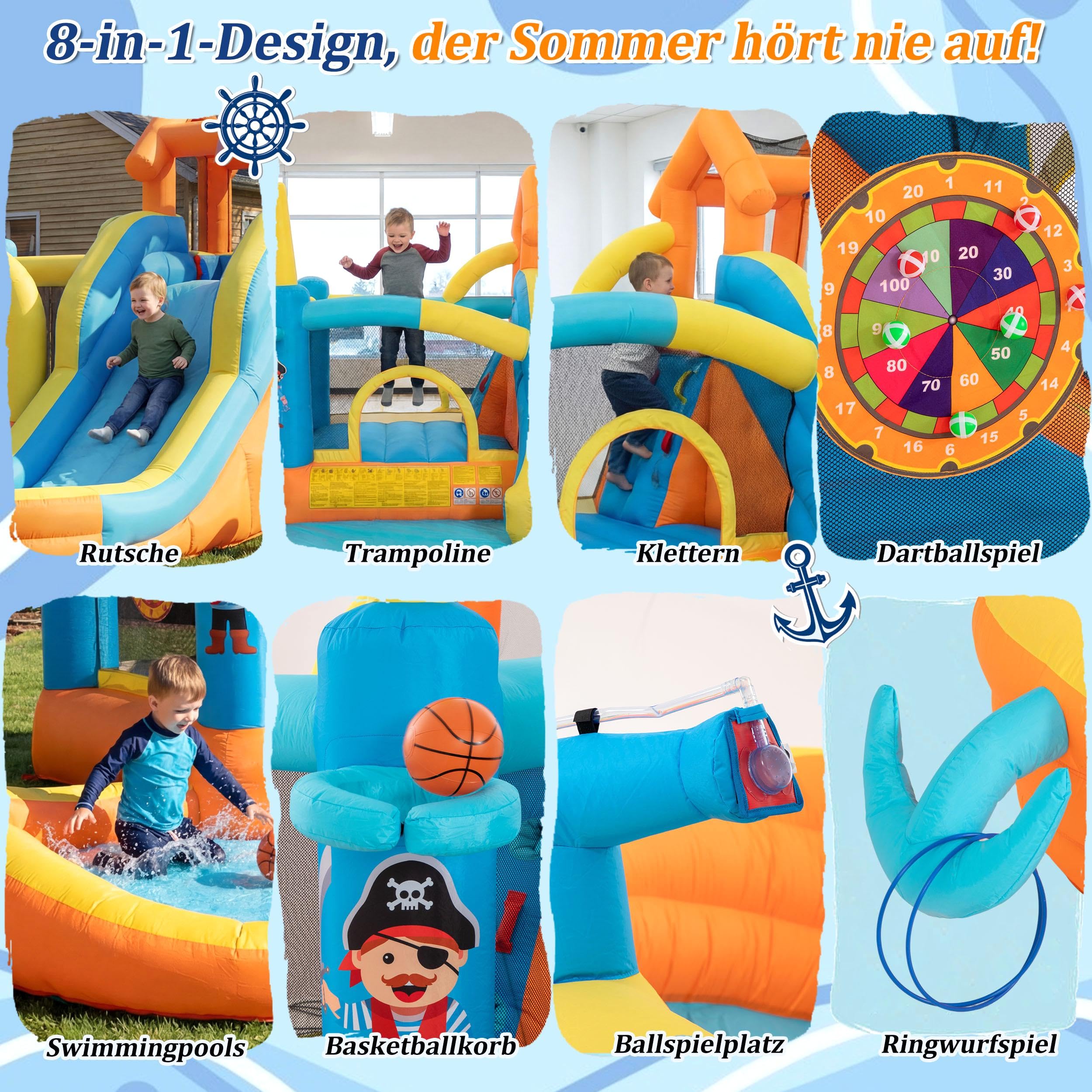 UEV Aufblasbare Hüpfburg XXL Indoor & Outdoor mit Gebläse 450W, extra breiter Wasserrutsche, für Kleinkinder (3-10 Jahre), EN71-1/2/3, Kindergeburtstag (414 x 364x 244 cm)