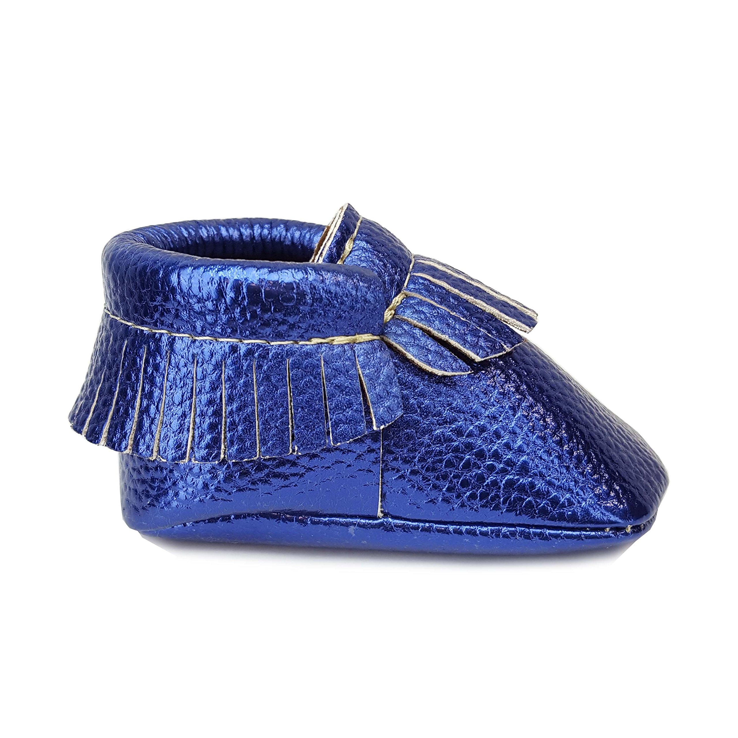 First Steps leathrette Moccasins in Metallic Blue, 1 M US Infant