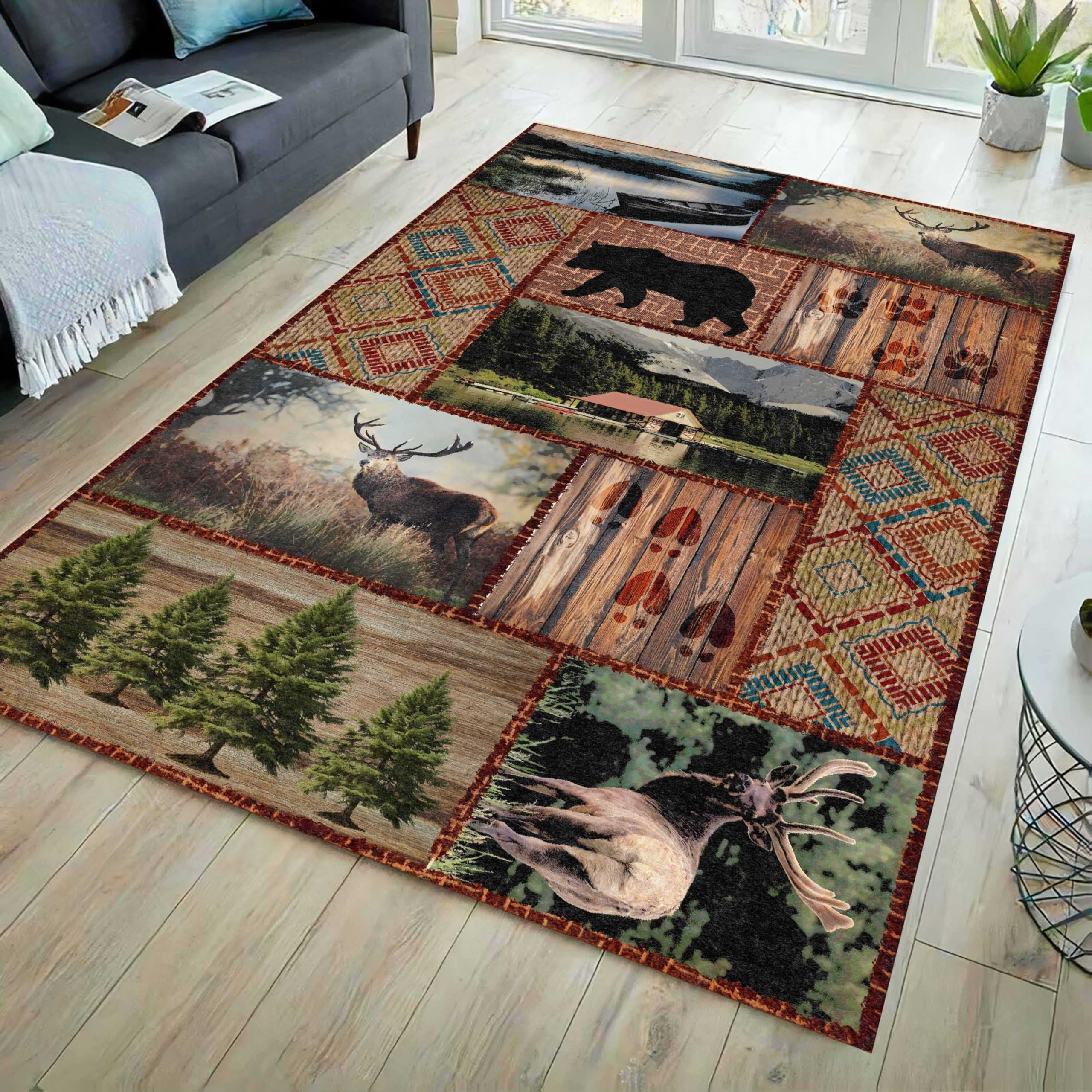 Farmhouse Area Rug，6x9ft Buffalo Plaid Lodge Bear & Moose Deer Design, Washable Non-Slip Large Brown Rug for Living Room, Bedroom - Rustic Cabin