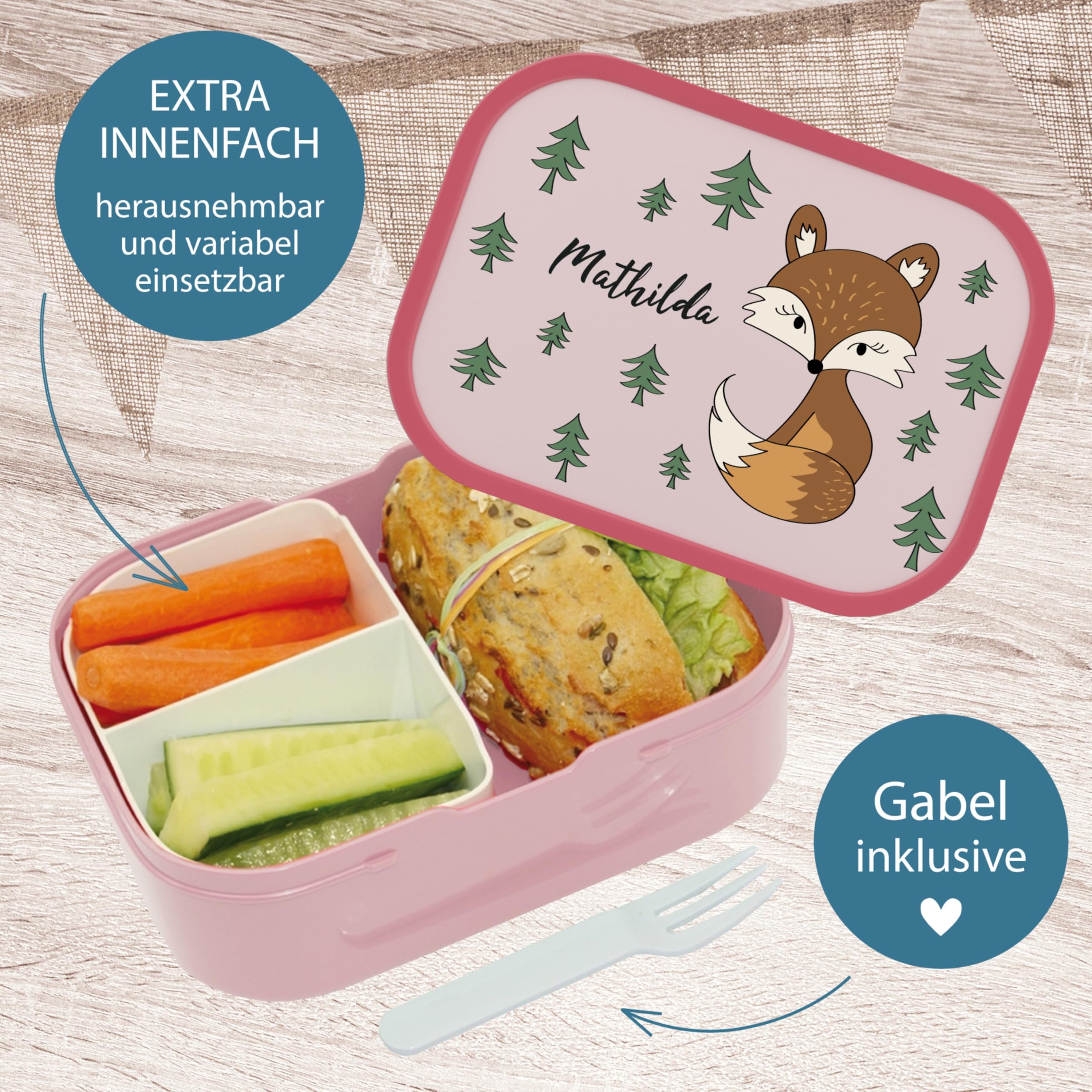 4youDesign Mepal Bento Box und Trinkflasche Set personalisiert Fuchs – Geschenk für Kinder Weihnachten, Nikolaus, Geburtstag – BPA frei - Auslaufsicher – Brotdose 750ml, 400ml Flasche (Cool Pink)