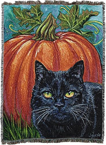 Miniatura 4 de Pure Country Weavers Manta de gato negro y calabaza, regalo de otoño, Halloween, manta tejida de algodón, fabricada en los Estados Unidos (72 x 54