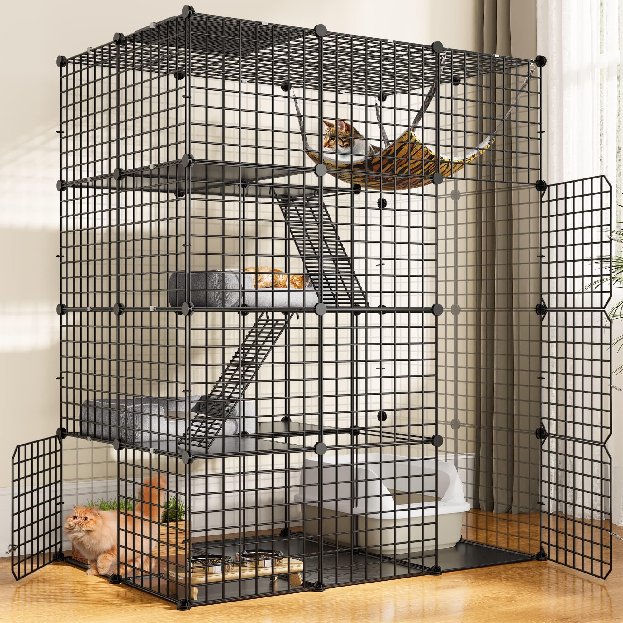 YITAHOMELarge Cat Cage Indoor Enclosure Metal Wire 4-Tier Kennels DIY Cat Playpen Catio with Large Hammock for 1-3 Cats