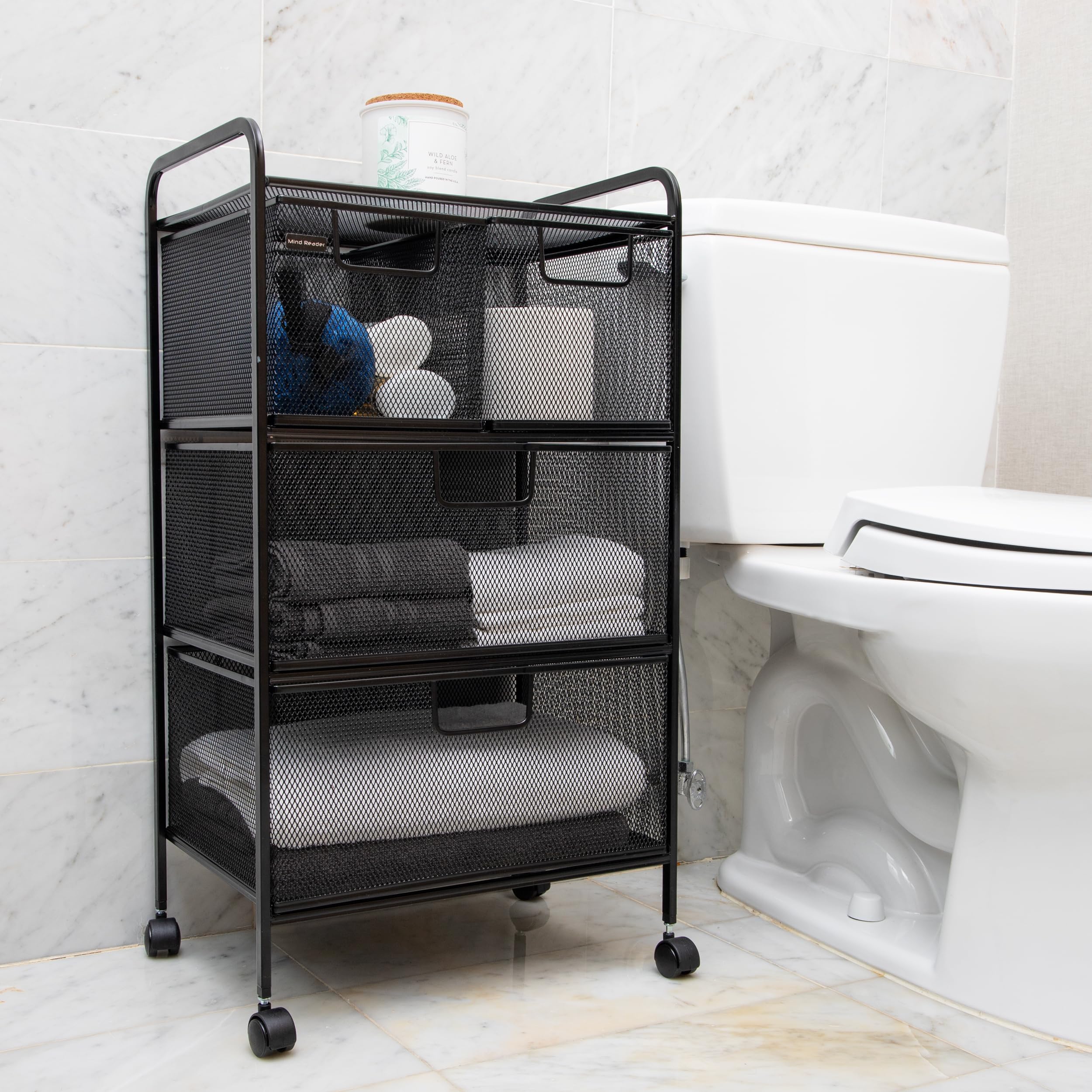 Mind Reader Carrello con cassetti, organizer per lavanderia, carrello multiuso, bagno, cucina, rete metallica, 40,6 cm L x 27,9 cm L x 73,9 cm H, nero