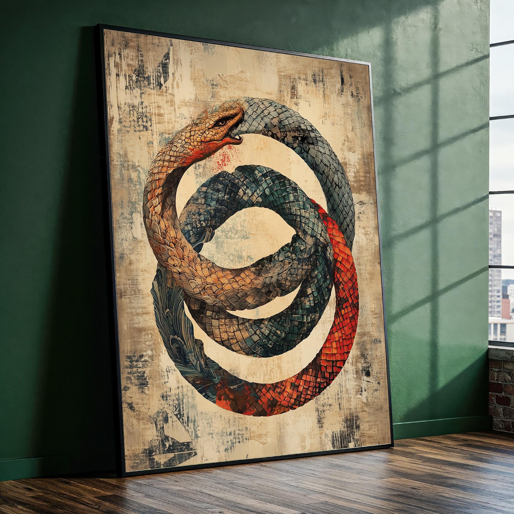 YUSUZHU Abstract Ouroboros Snake Art, Animals Painting, Ready to Hang, Boho Wall Art, Surreal Geometric Decor Canvas Wall Art(80x110cm/Frameless)