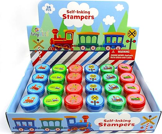 TINYMILLS 24 Pcs Train Stampers for Kids Birthday Party Goody Bag Stuffer Pinata Filler Carnival Rewards Class Prizes