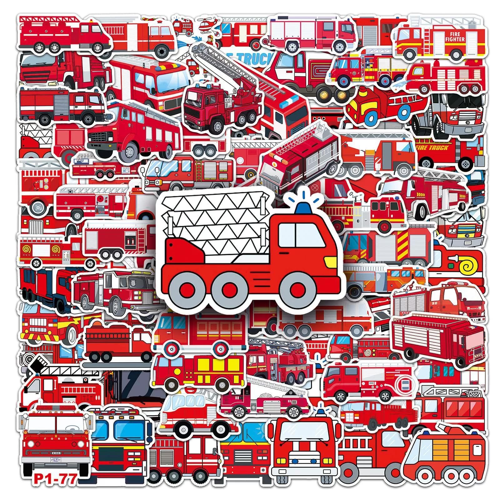 100 Pcs Fire Truck Stickers for Water Bottle Waterproof Sticker for Laptop Skateboard Phone Car Decals for Teens Adults for Party Favors Supplies Decor (Cute Fire Engine Stickers)