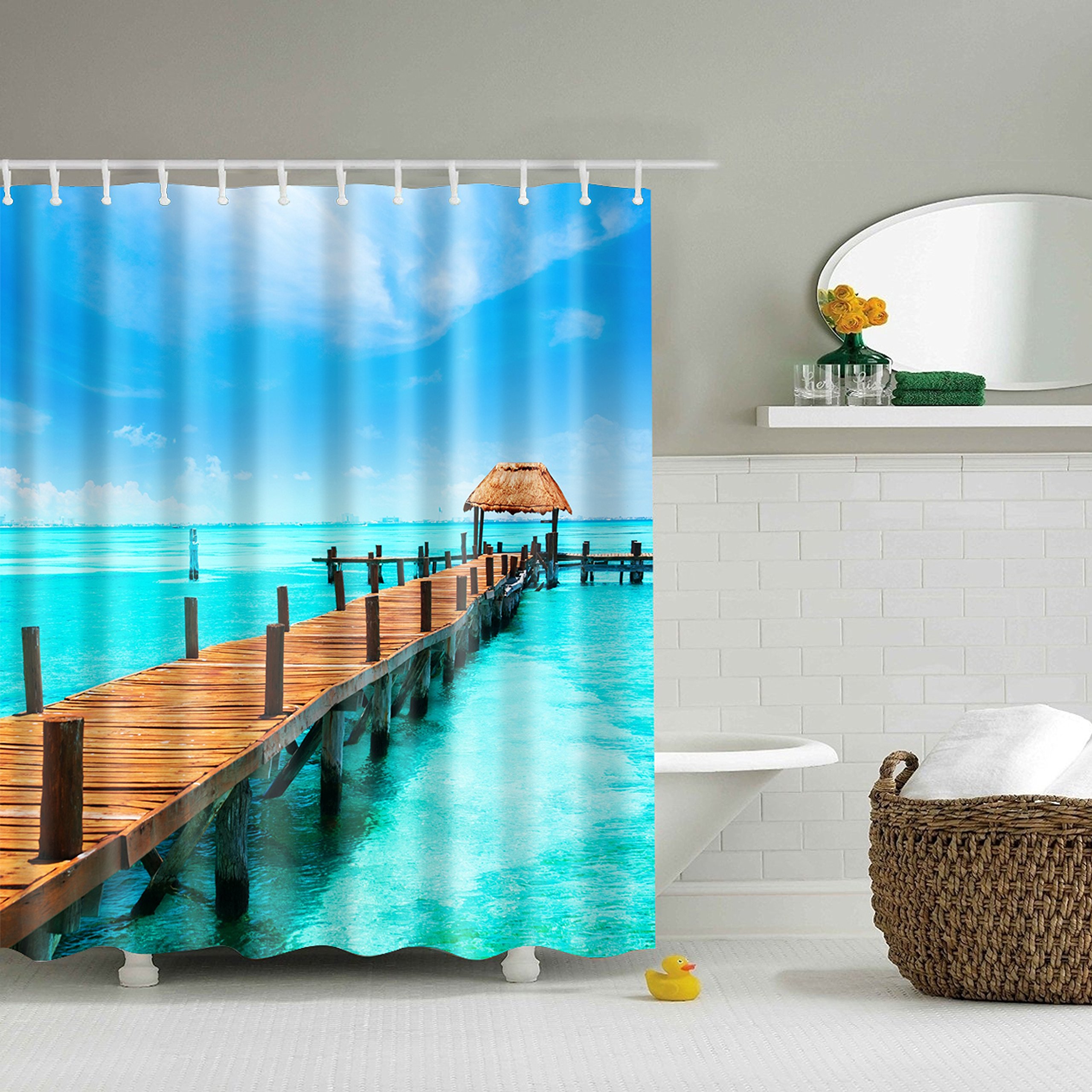 StoneMaxi Waterproof 180 x 180 Polyester Bathroom Shower Curtain Print Fabric With 12 Hooks, Multiple Designs Landscape with Anti-Mould Proof Resistant Machine Washable (Beach Wooden Bridge)