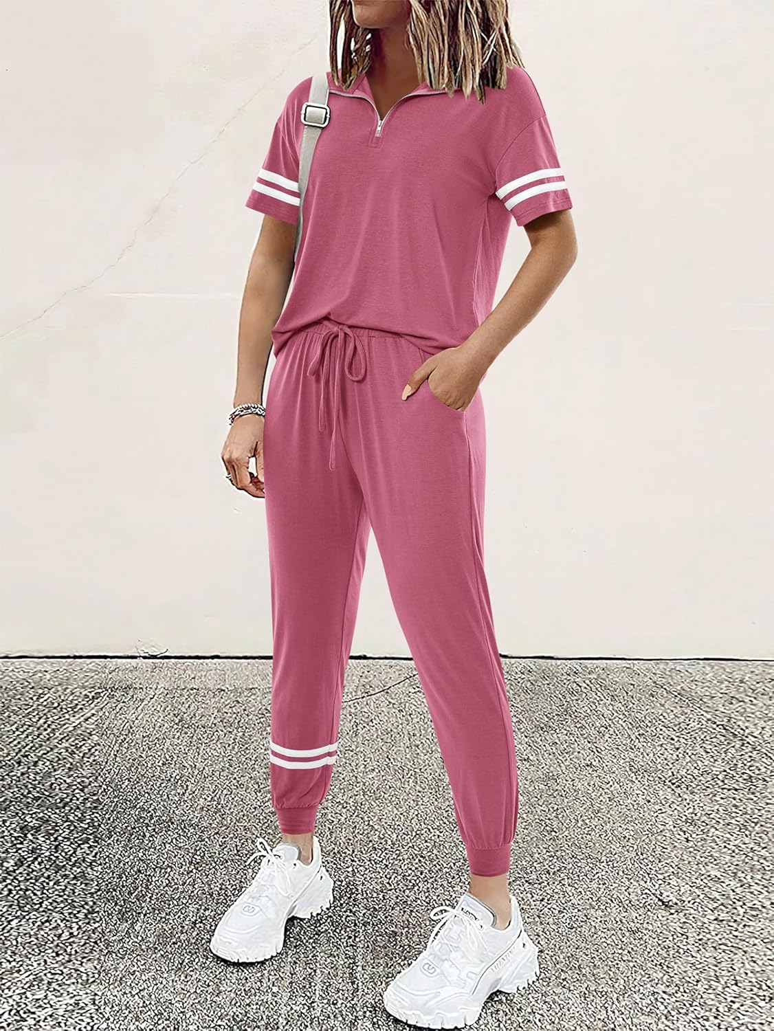 MASCOMODA 2 Piece Outfits for Women 2026 Summer Casual Quarter Zip Short Sleeve Tops Long Pants Tracksuit Jogger Lounge Sets - Image 3