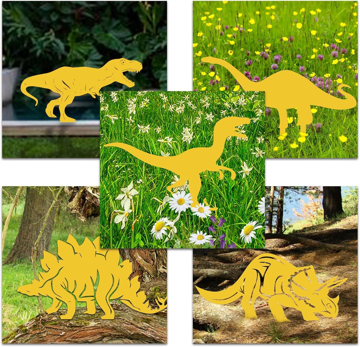 Set of 5 Metal Dinosaur Fence Post Topper, Five Dinosaurs