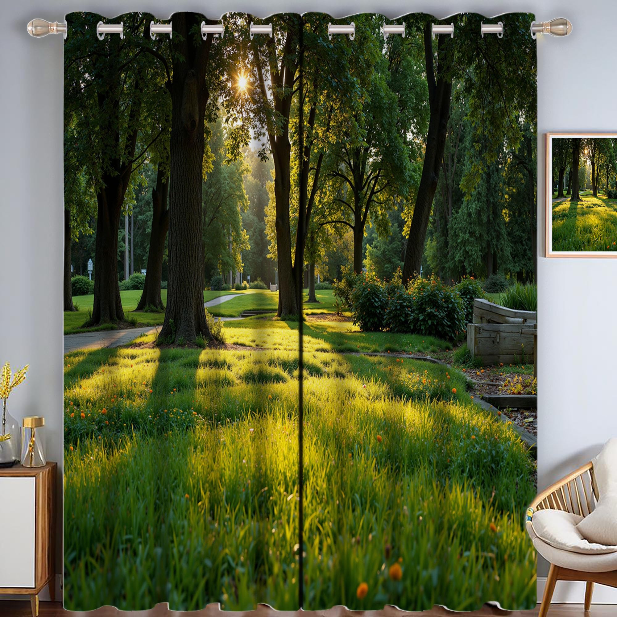 Rideau occultant motif parcs pelouses thermiques imprimé paysages vert