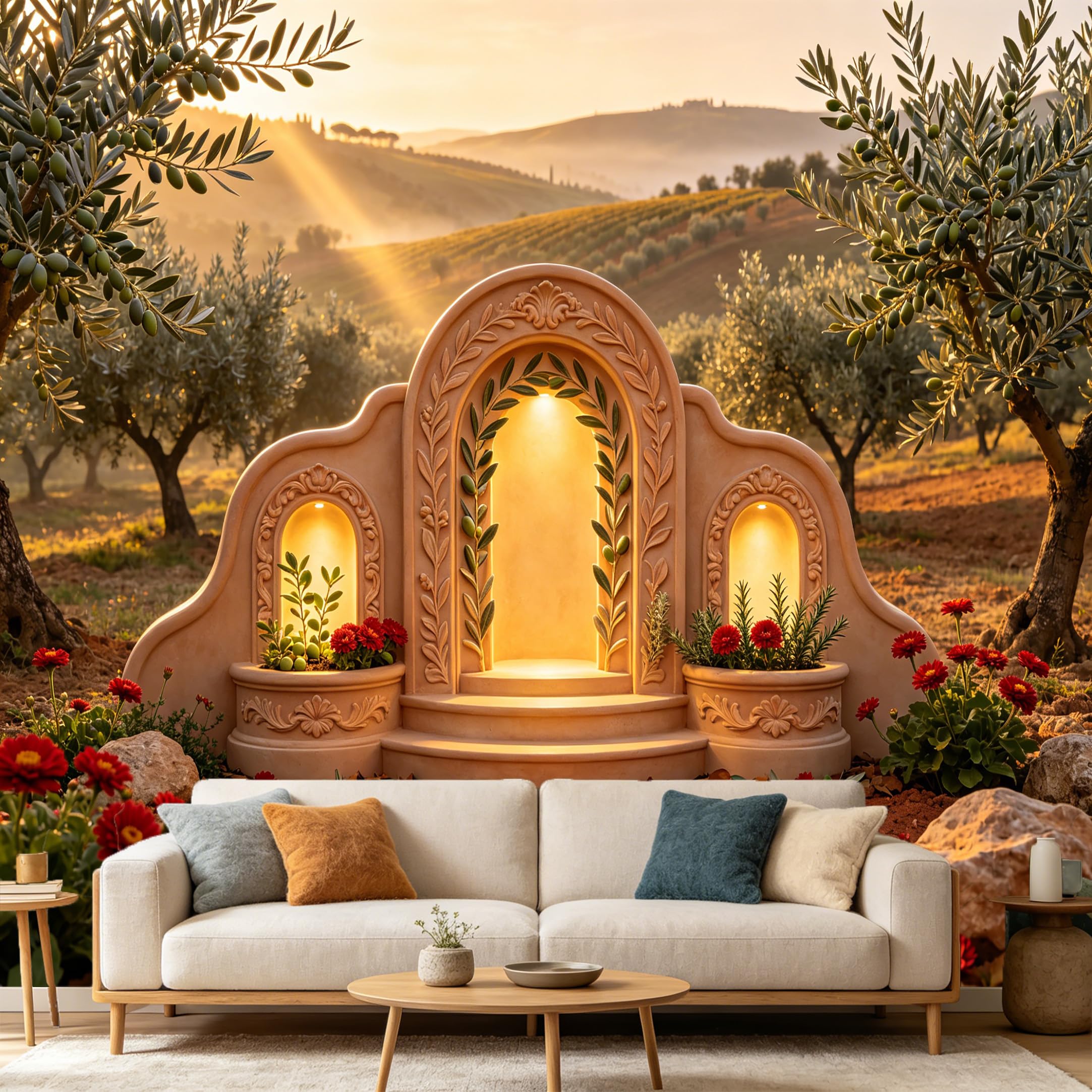 Custom Size Wall Mural， Mediterranean Stone Archway Sunset Tuscany Landscape 3D Art， SelfAdhesive Art Prints wall Fabric Removable Large Wallpaper Home Living Room Decor