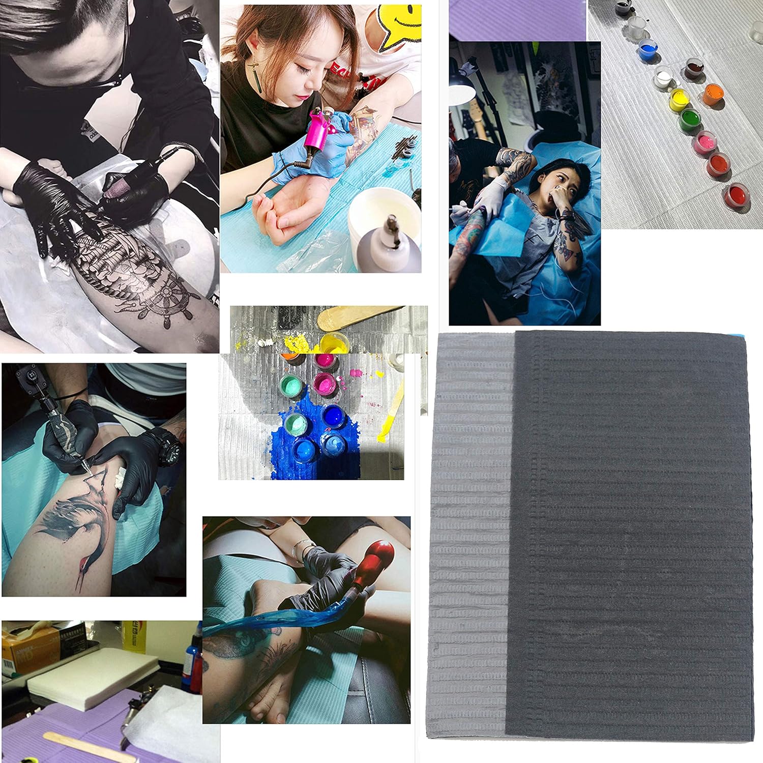 125Pcs Disposable Nail Art Tattoo Paper Towels Table Mat, 3-Ply Waterproof Tattoo Bibs Sheets Nail Desk Mat, Tattooing Tablecloth Pads Tray Covers, Nail Napkins for Nail Salon Supplies (Black)