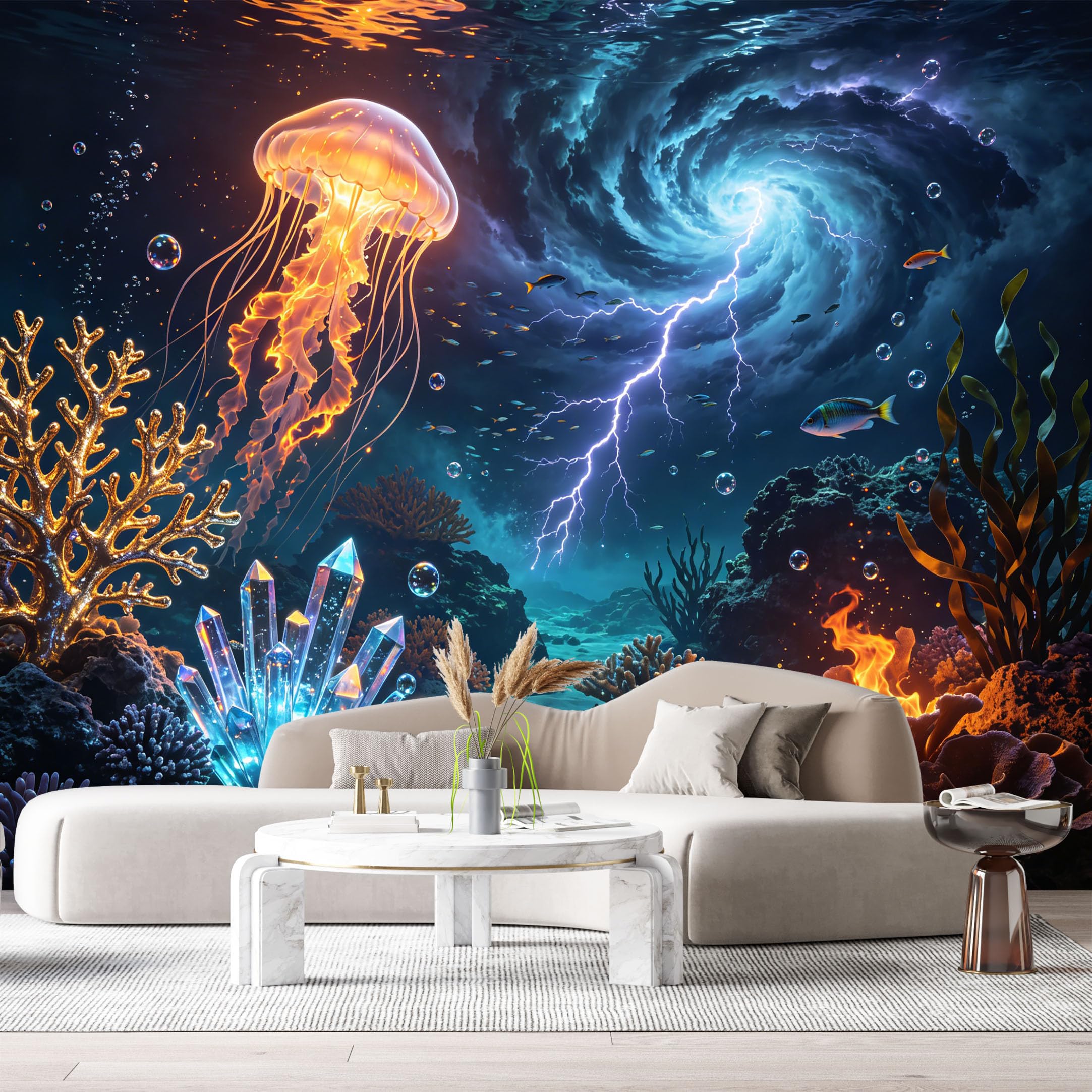 Custom Size Wall Murals Deep Ocean Marine Lightning Jellyfish Crystal Reef SelfAdhesive Wall Fabric Removable Large Wallpaper for Photo Living Room Interior Decor