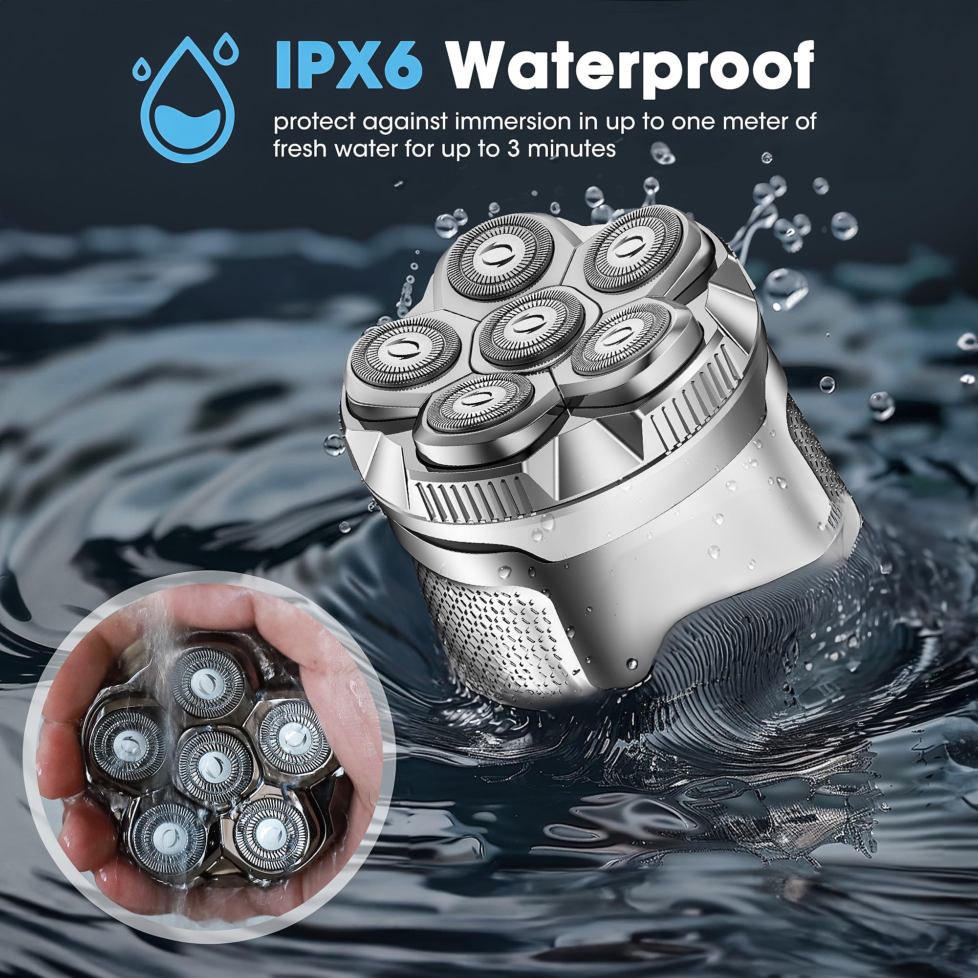 Karrte Afeitadoras de cabeza para hombres calvos, maquinilla de afeitar eléctrica magnética 6D con motor de alta velocidad de 2 engranajes para un afeitado rápido, IPX6 impermeable, hipoalergénica