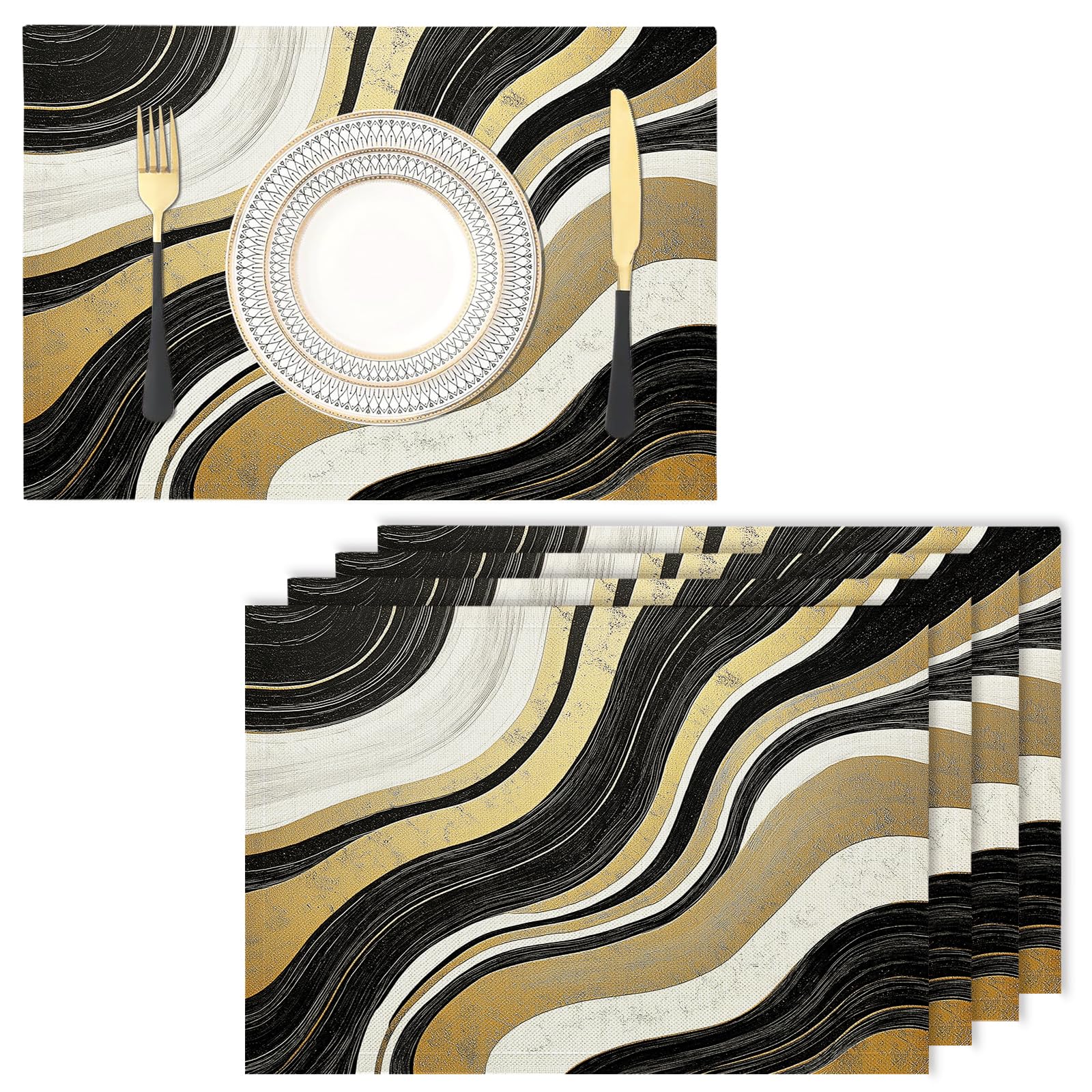 Set de table en tissu lin de coton doré abstrait lot de 6
