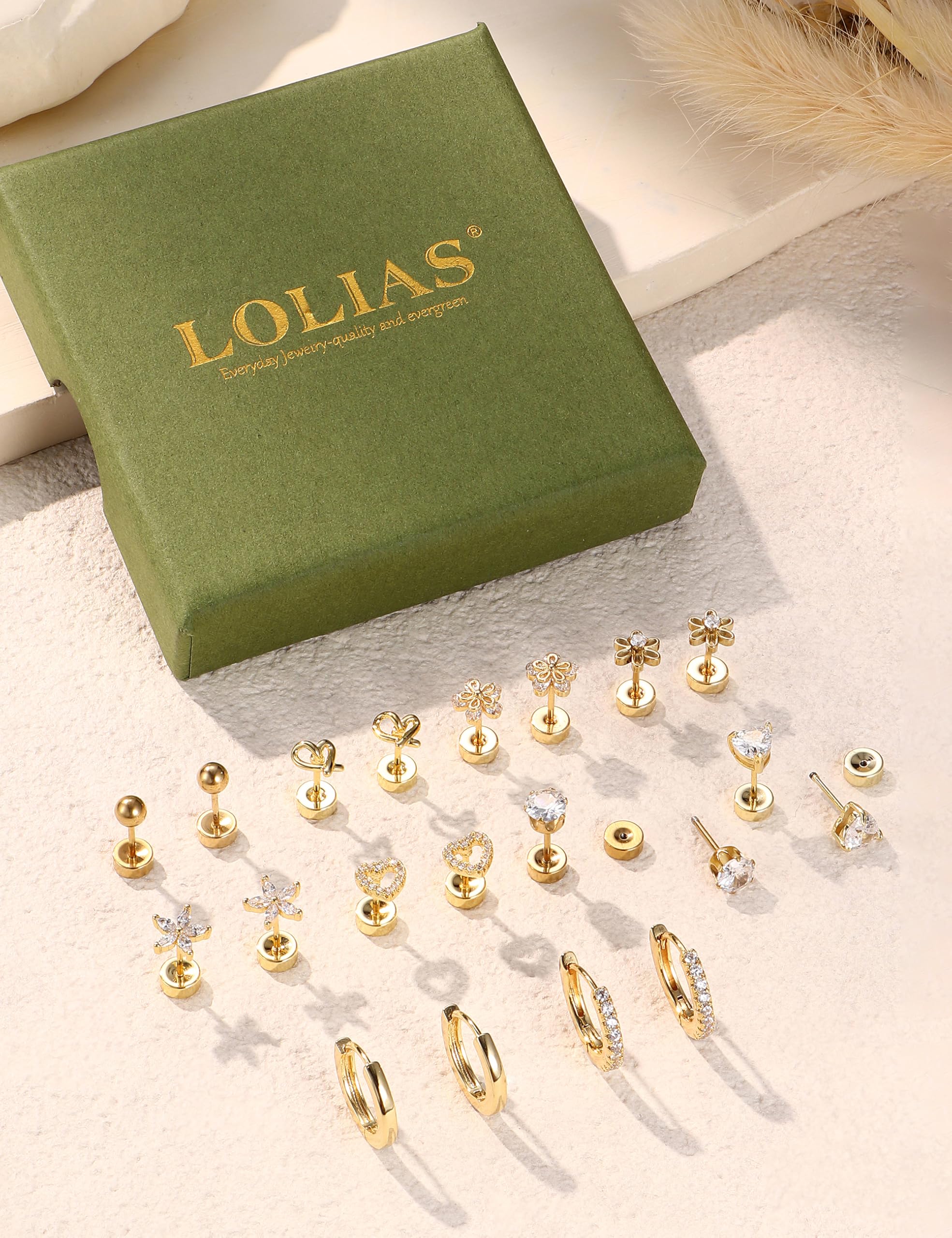 LOLIAS Kolczyki z płaskim tyłem, srebrne, pozłacane kolczyki dla kobiet, hipoalergiczne, ze stali chirurgicznej, kolczyki do chrząstki, muszli, tragus, helix, piercing biżuteria