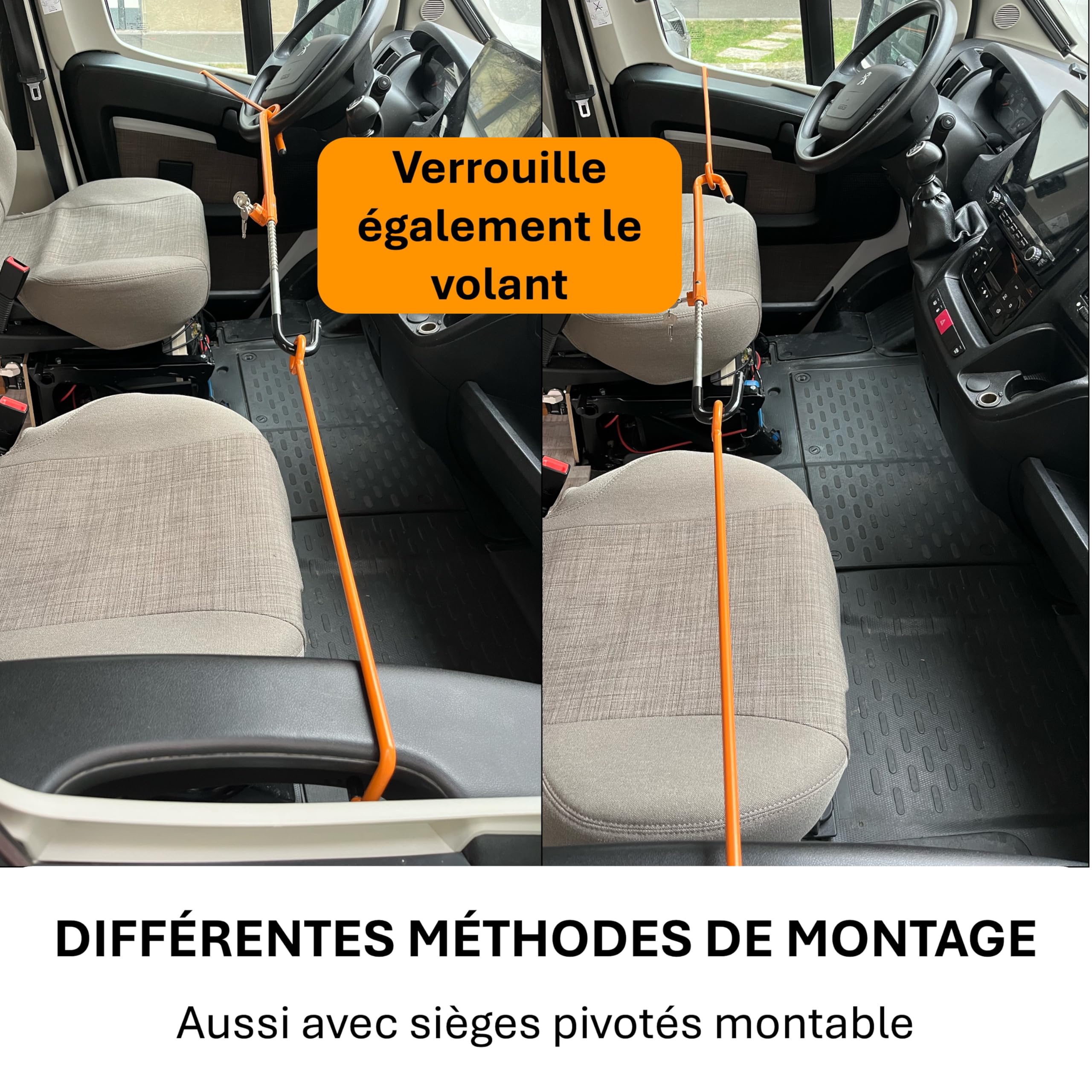 Sécurité de porte pour camping-car avec blocage du volant - Protection anti-effraction en acier pour Fiat Ducato, Jumper, Boxer, VW T5/T6, Sprinter - Envergure 150 à 180 cm avec sac