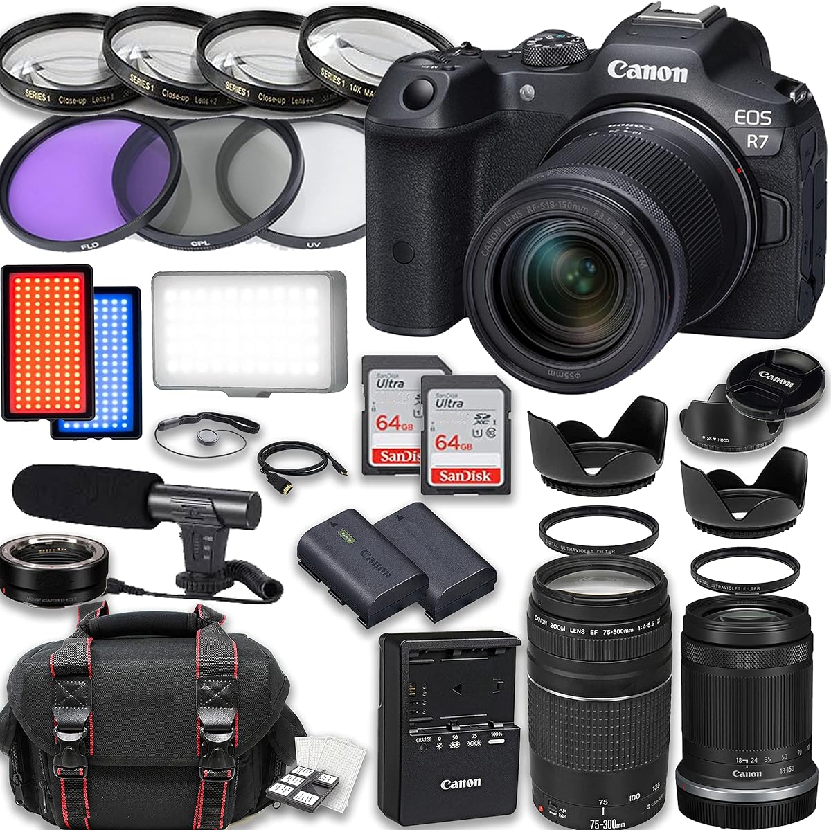 Canon EOS R7 Mirrorless Camera RF-S 18-150mm is STM Lens + EF 75-300mm III Lens + Accessories Included: 2X 64GB Memory Cards, LED Video Light, Case & More (Renewed)