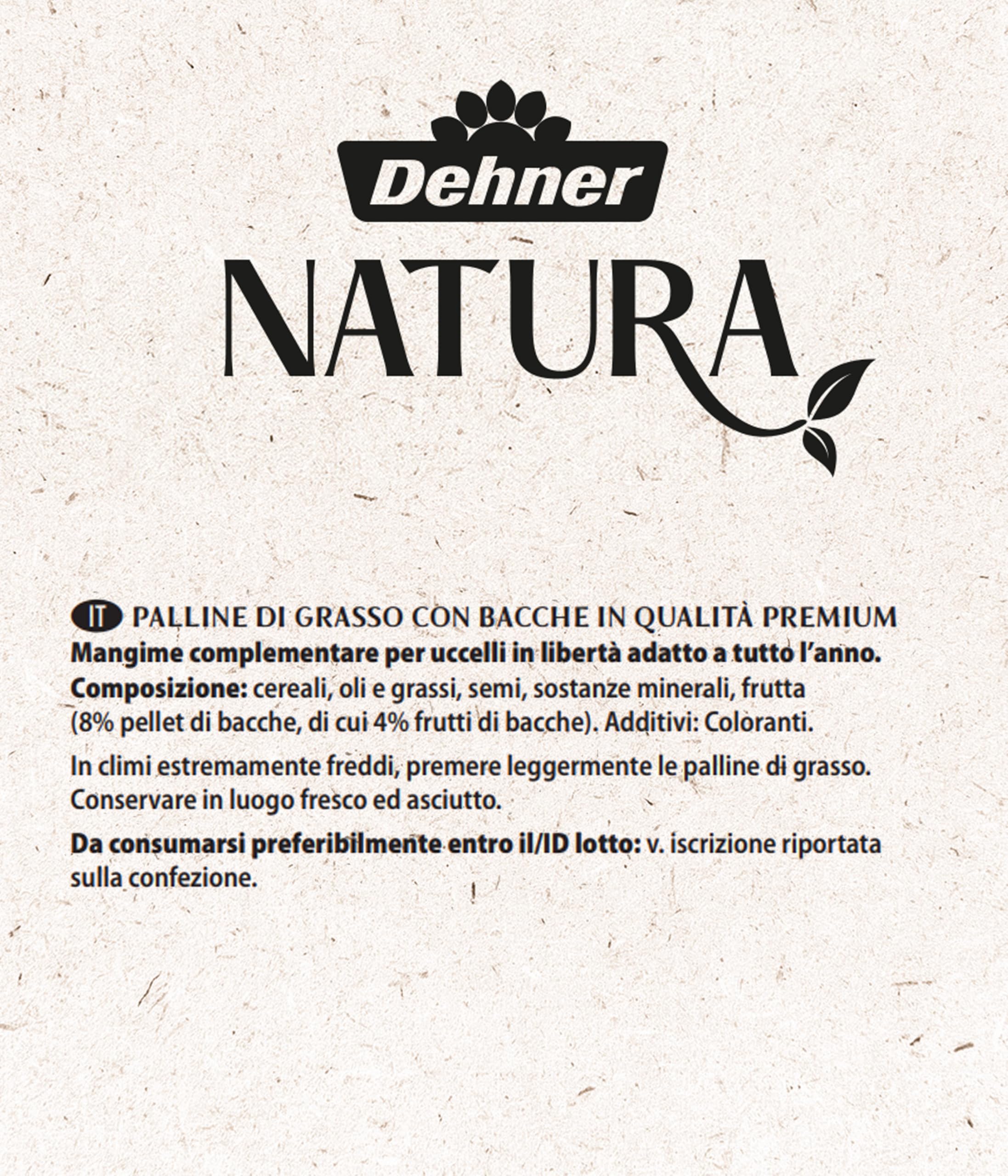 Dehner Natura Premium palline di bacche con rete, ricche di proteine ed energia, cibo di alta qualità per uccelli selvatici, 100 pezzi da 90 g ciascuno (9 kg), scatola certificata FSC