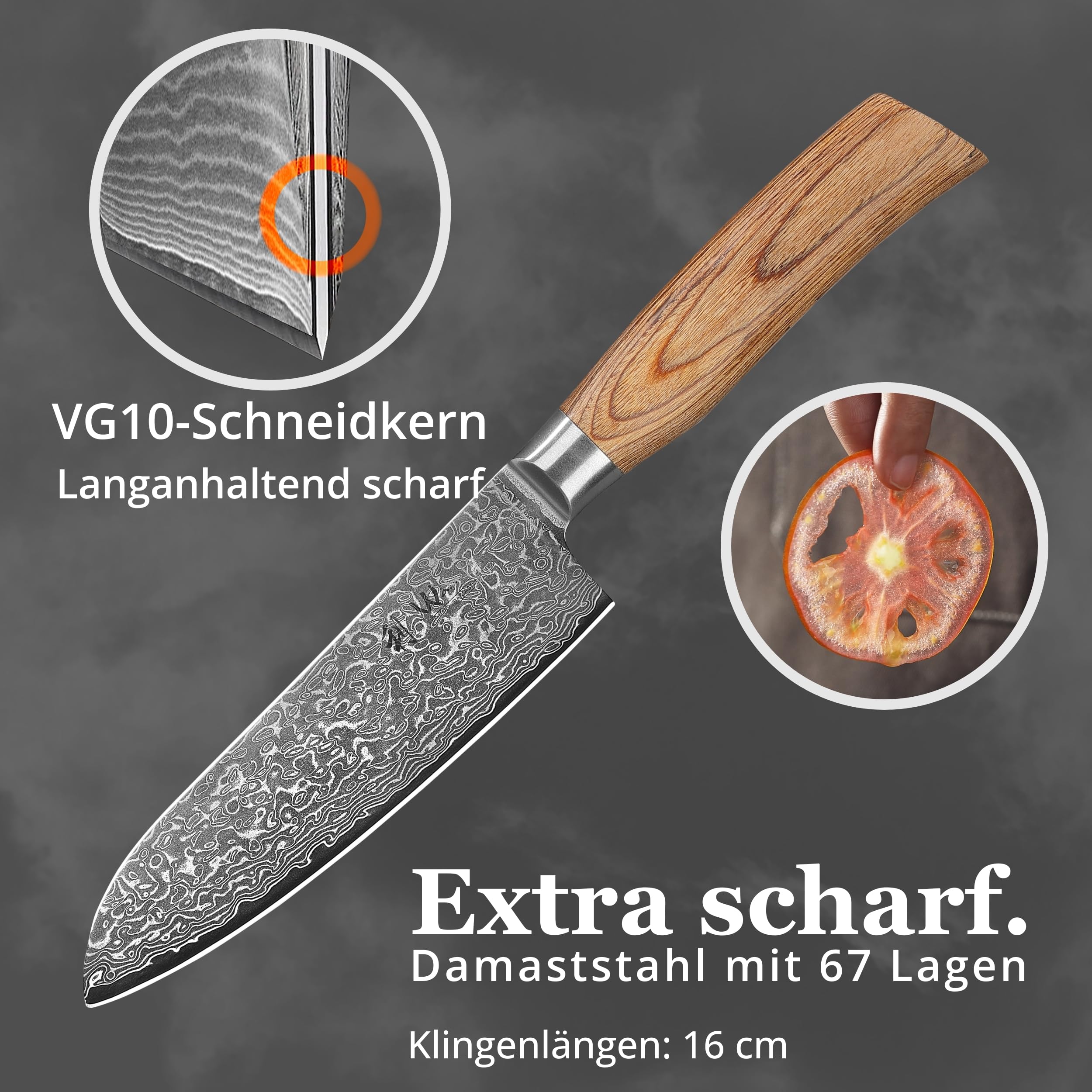 Wakoli EDIB Pro Santokumesser, 16 cm Klinge aus Damaststahl mit VG10 Kern | 67 Lagen, 60 ± 2 HRC, 30 cm Gesamtlänge, Pakkaholzgriff und Geschenkbox; beidseitiger V-Schliff für Fleisch, Fisch und Gemüse