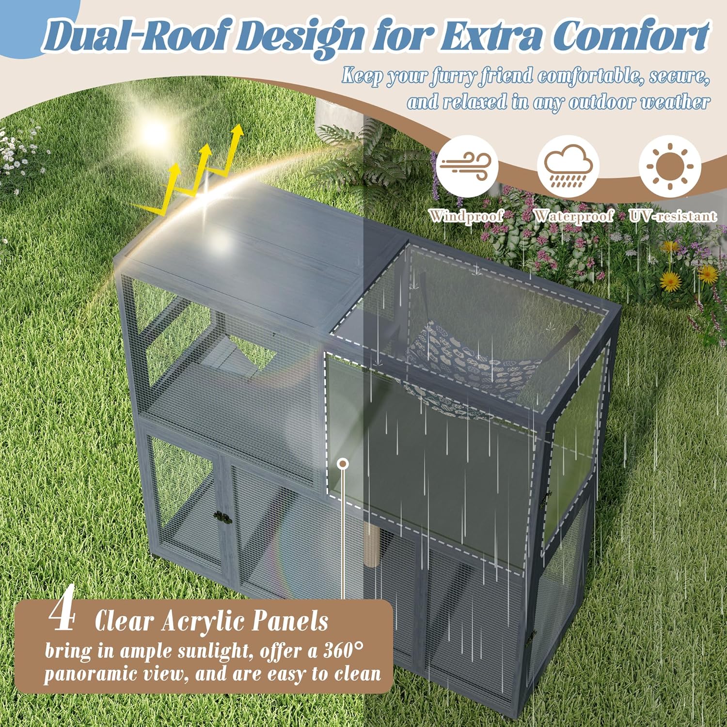 MAGIC UNION 4-Tier Large Wooden Catio on Wheels, Mobile Outdoor Cat Enclosure Cage for Multiple Cats, Cat Patio with Waterproof Sunshine Roof, 4 Access Doors, Resting Box & Cat Hammock (Grey)