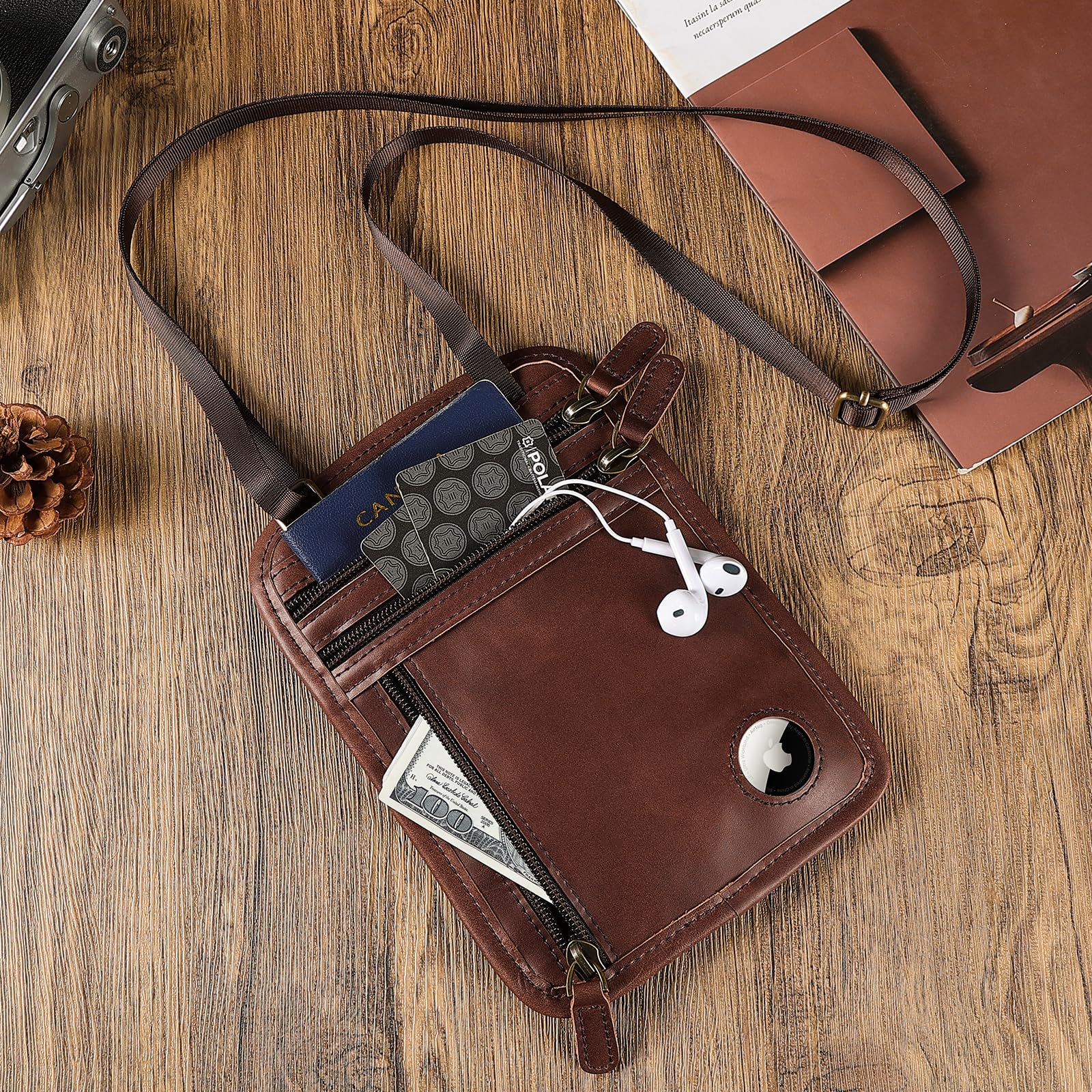 Polare Geldbörse aus Vollnarbenleder, RFID-blockierend, versteckt, Reisepasshülle, Reisetasche mit AirTag-Schlitz für Herren, Kaffee, Vintage