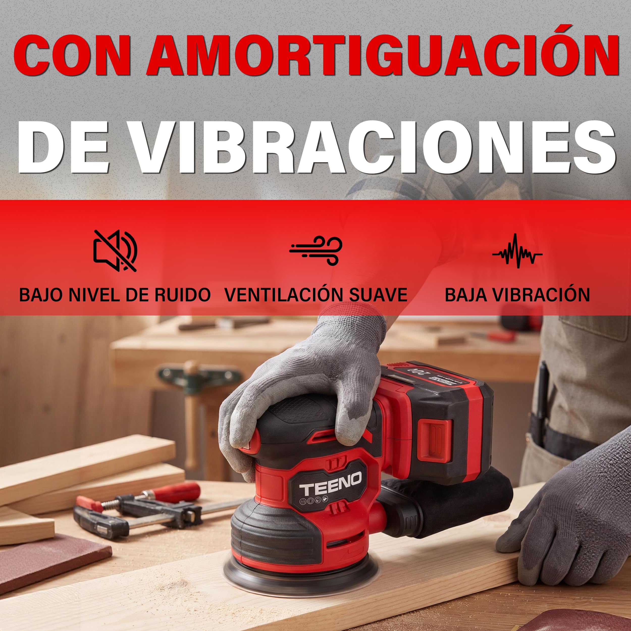 TEENO Lijadora Excéntrica a Batería 4A,Lijadora Orbital 20V,6000-12000 rpm | Diámetro: 125 mm,6 Velocidades,25 Papeles de Vidrio
