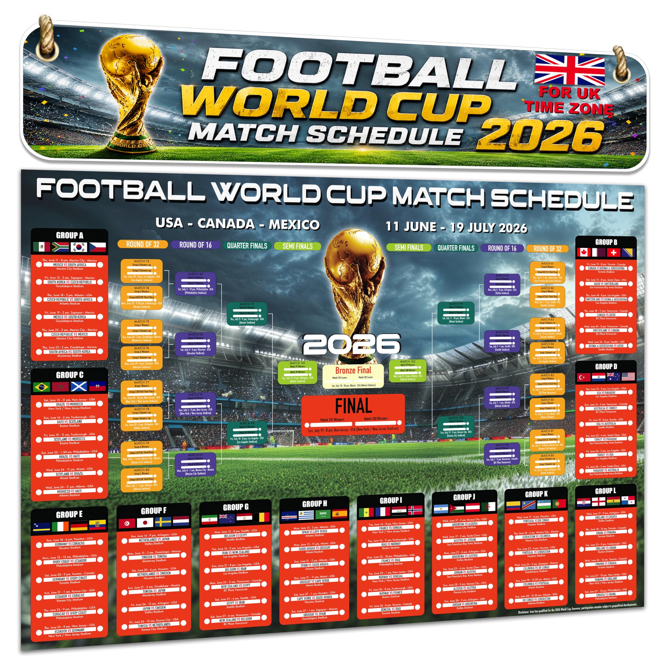 160 GSM Gloss Laminated World Cup Wall Chart 2026 - Large A1 (84 x 59 cm) Football Wall Planner Poster, Multicolor, A1 (84x59cm)