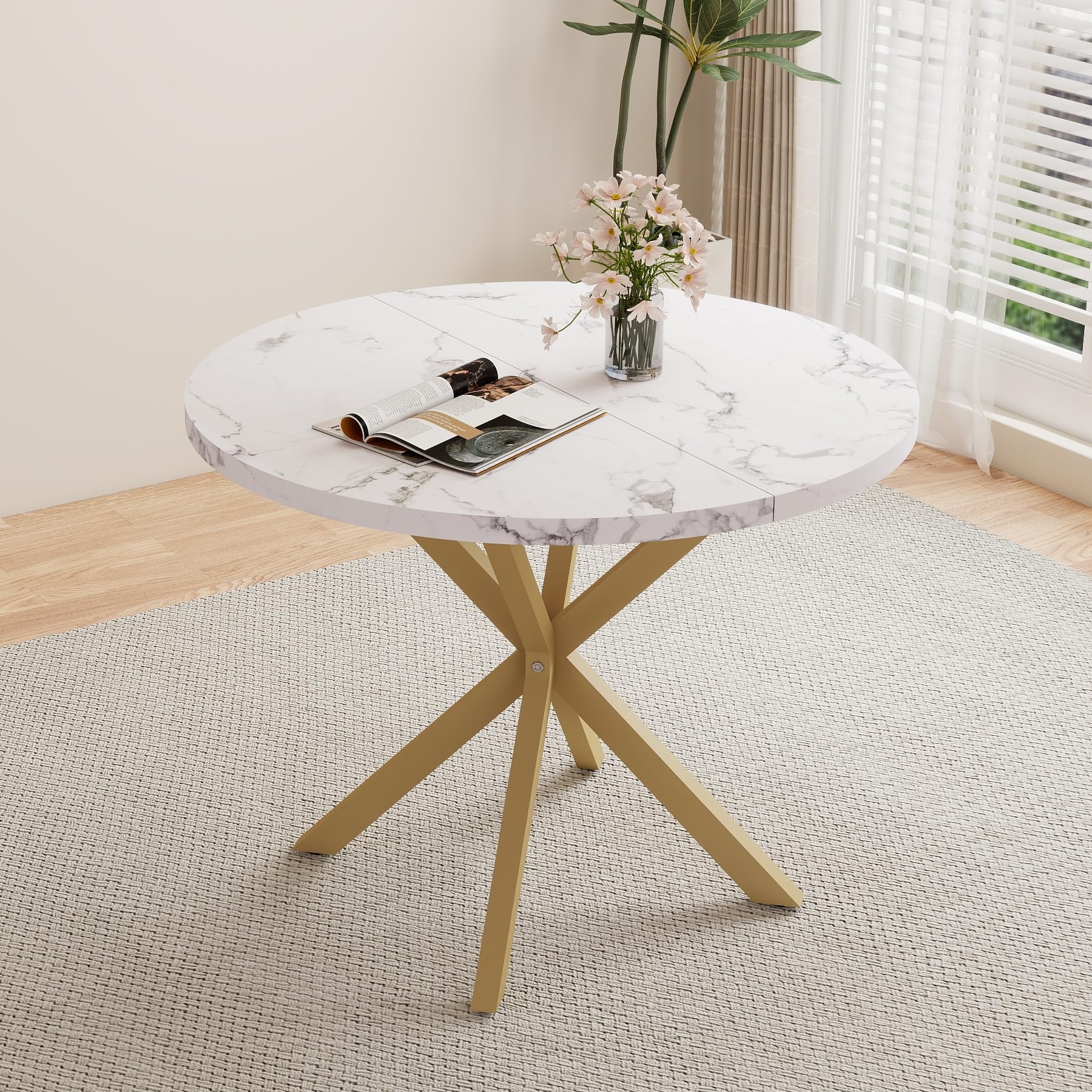 Set Tavolo da Pranzo e Sedie, Tavolo da Pranzo Rotondo in MDF da 100 CM, 4 Sedie da Cucina in Velluto a Coste con Schienale Cavo, per Soggiorno, Cucina (Motivo Marmoreo-GD + Blu)