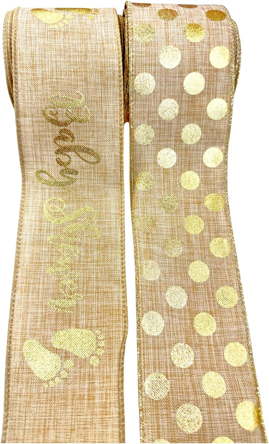 2 Rolls Total 20 Yards Baby Shower Wired Edge Ribbon Tan and Gold Craft Ribbon for Diaper Cakes,Baby Shower Decor, Gift Wrapping & DIY Craft Projects (Tan, 2.5 Inch)