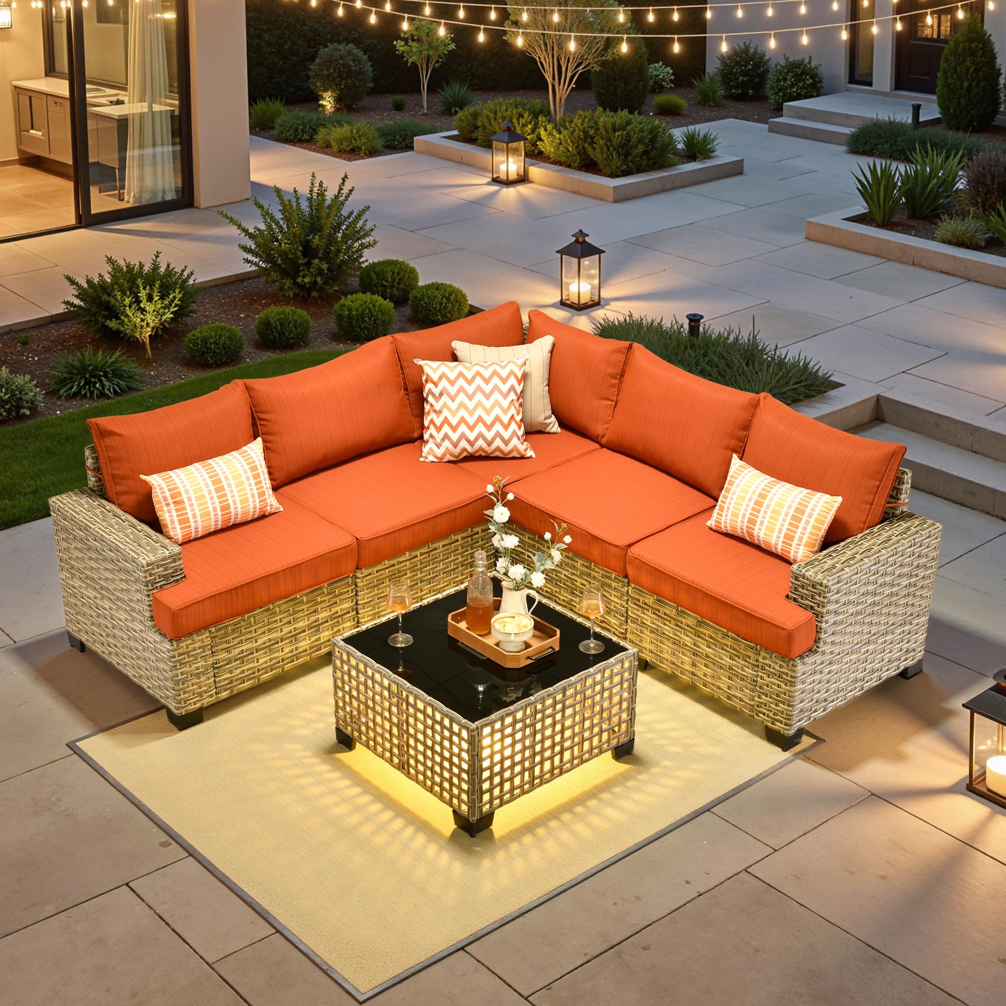 ovios 6 Piece Patio Sectional Furniture, Rattan Wicker Coversation Couch Set, Outdoor Sofa Set for Outside Porch Balcony Backyard Pool,Orange