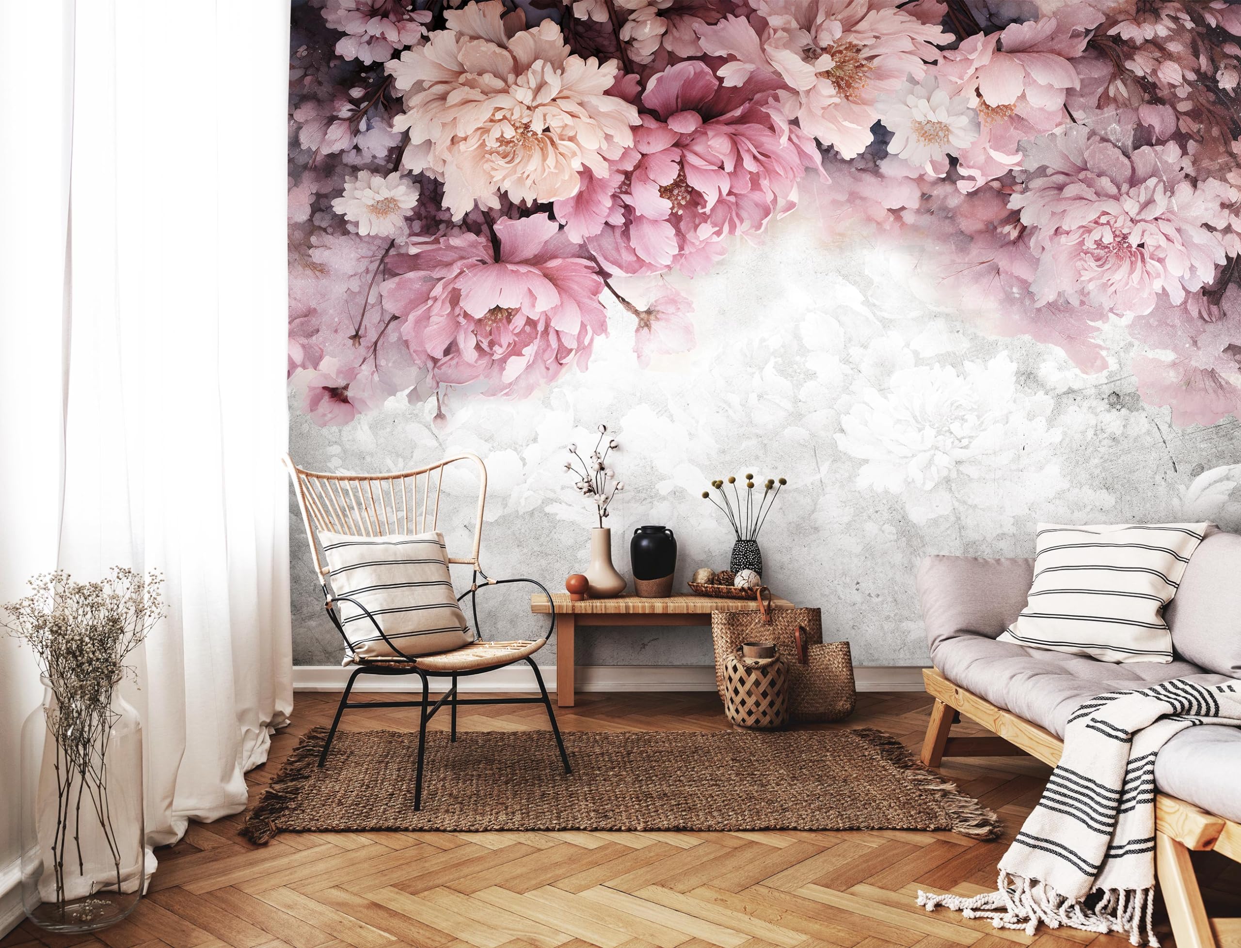 WallArena Vlies Fototapete Blumen Pfingstrosen Rosen Beton 368x254 cm | Hochwertige Vliestapete, für Wohnzimmer Schlafzimmer, Vliestapete Wandtapete Tapete 3D Effekt- inkl. Kleister