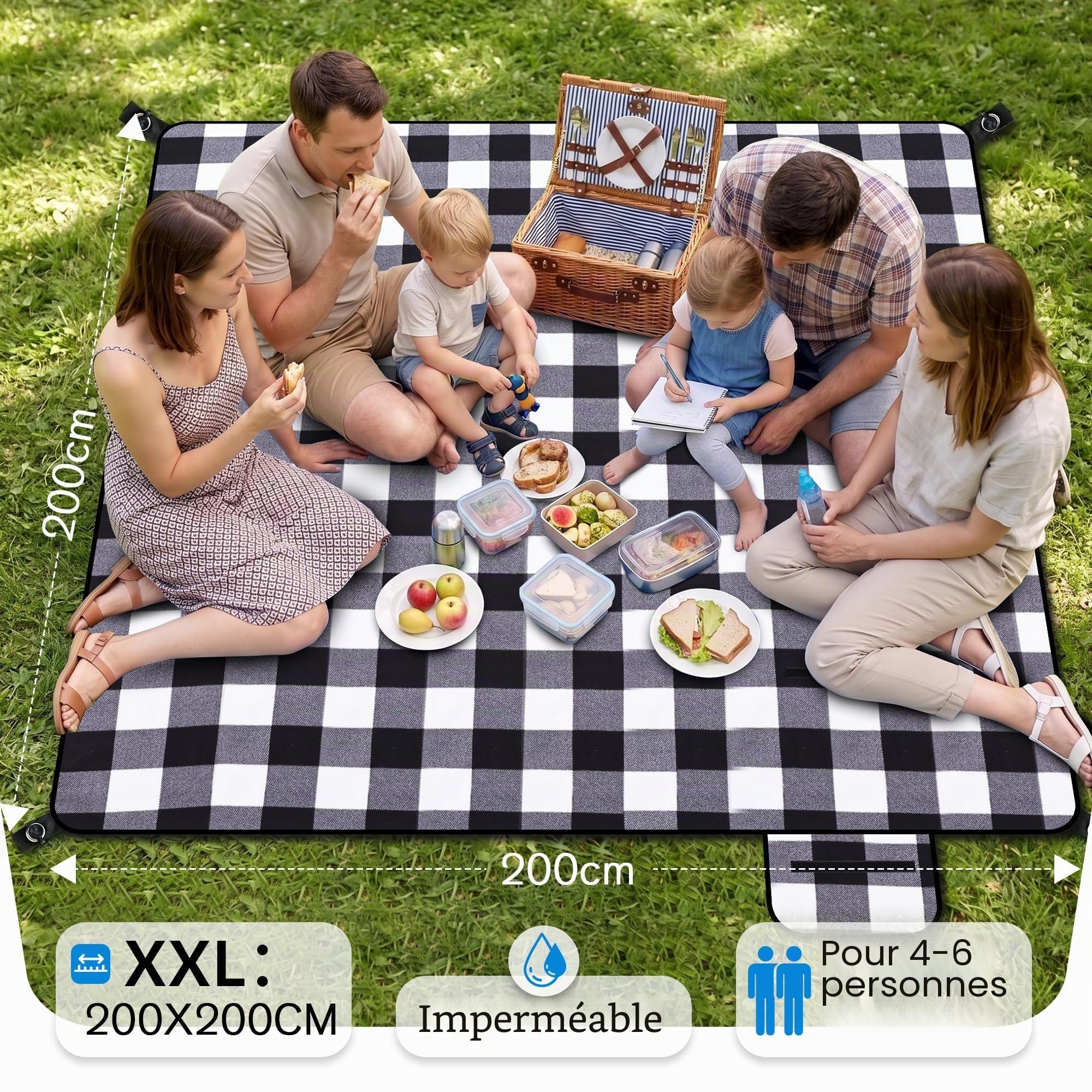 Gucass 200 x 200 cm Couverture de Pique-Nique imperméable - avec poignée de Transport, Pliable, sans Sable, Lavable, pour Barbecue, Randonnée, Voyage (Grille Noire et Blanche)