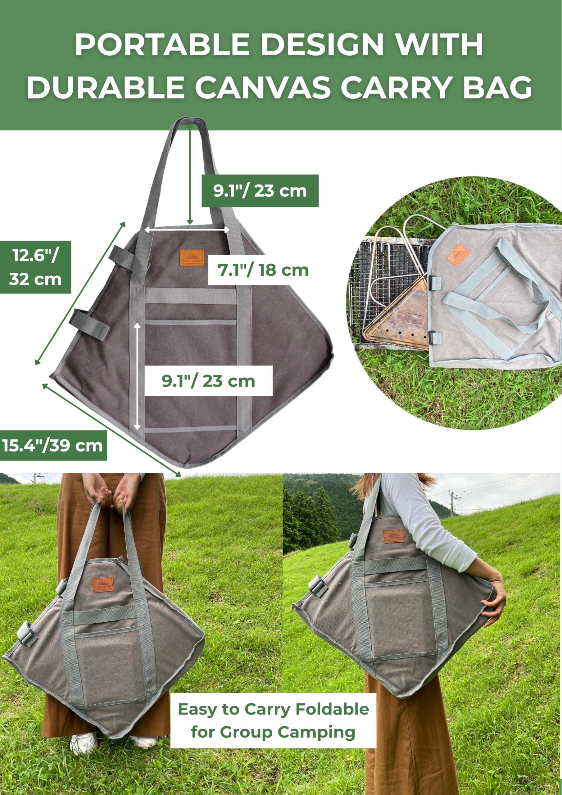 Campingmoon MT-035 - Griglia portatile 3 in 1, in acciaio INOX, per legna e braciere, 35,6 x 39 cm, con borsa per il trasporto
