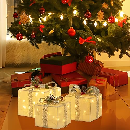 Miniatura 7 de Juego de 3 cajas de regalo iluminadas de Navidad enchufables, 60 luces LED preiluminadas, decoraciones de Navidad al aire libre, interiores y