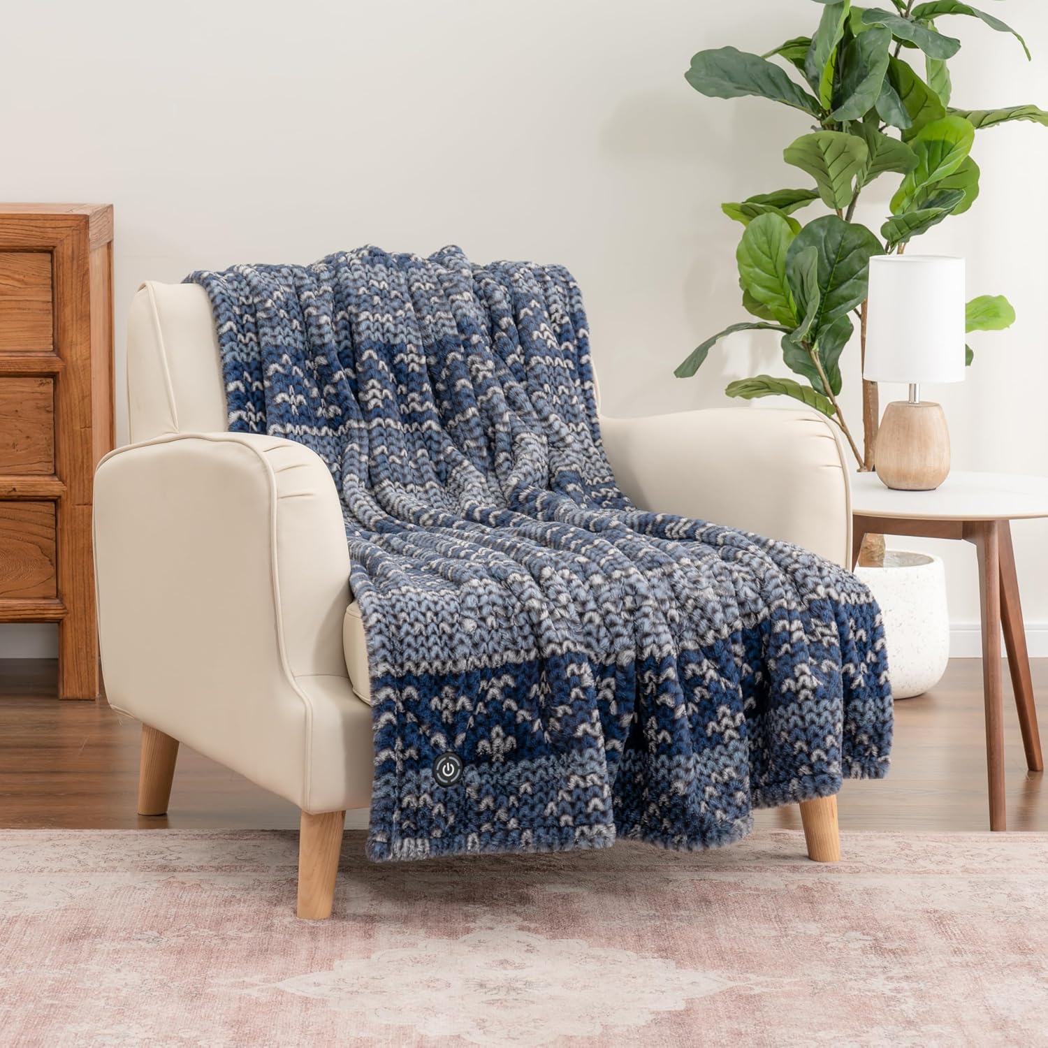 berkshire blanket heated throw blanket, grace fur to loftmink reversible electric throw with 4 heat levels, fast heating printed throw for couch and bed, auto shut-off feature (50"x60") elijah fair isle extra large blue