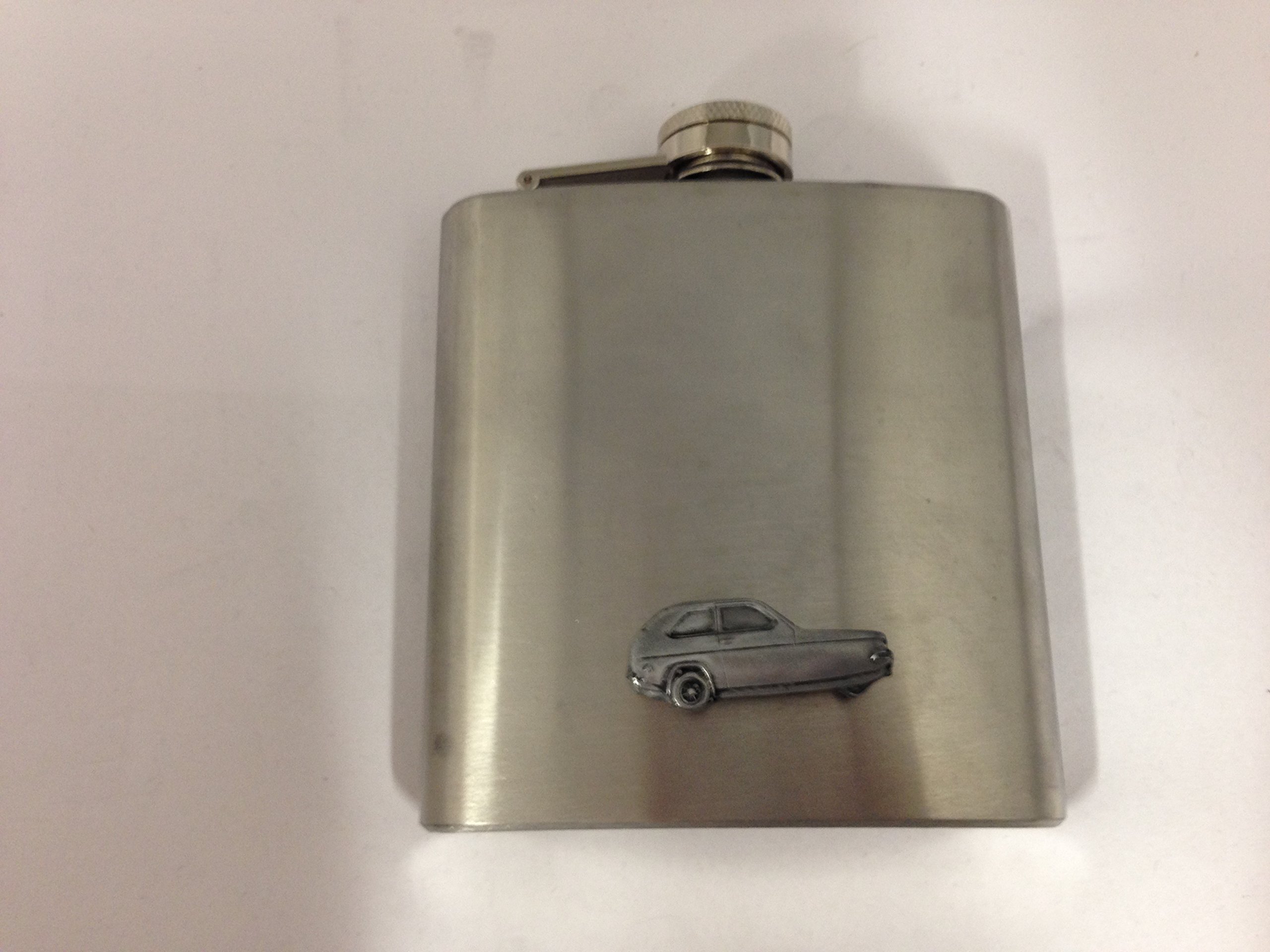 Reliant Robin Mk1 Saloon ref202 pewter effect car emblem on 6oz Stainless Steel Hip Flask Captive Top