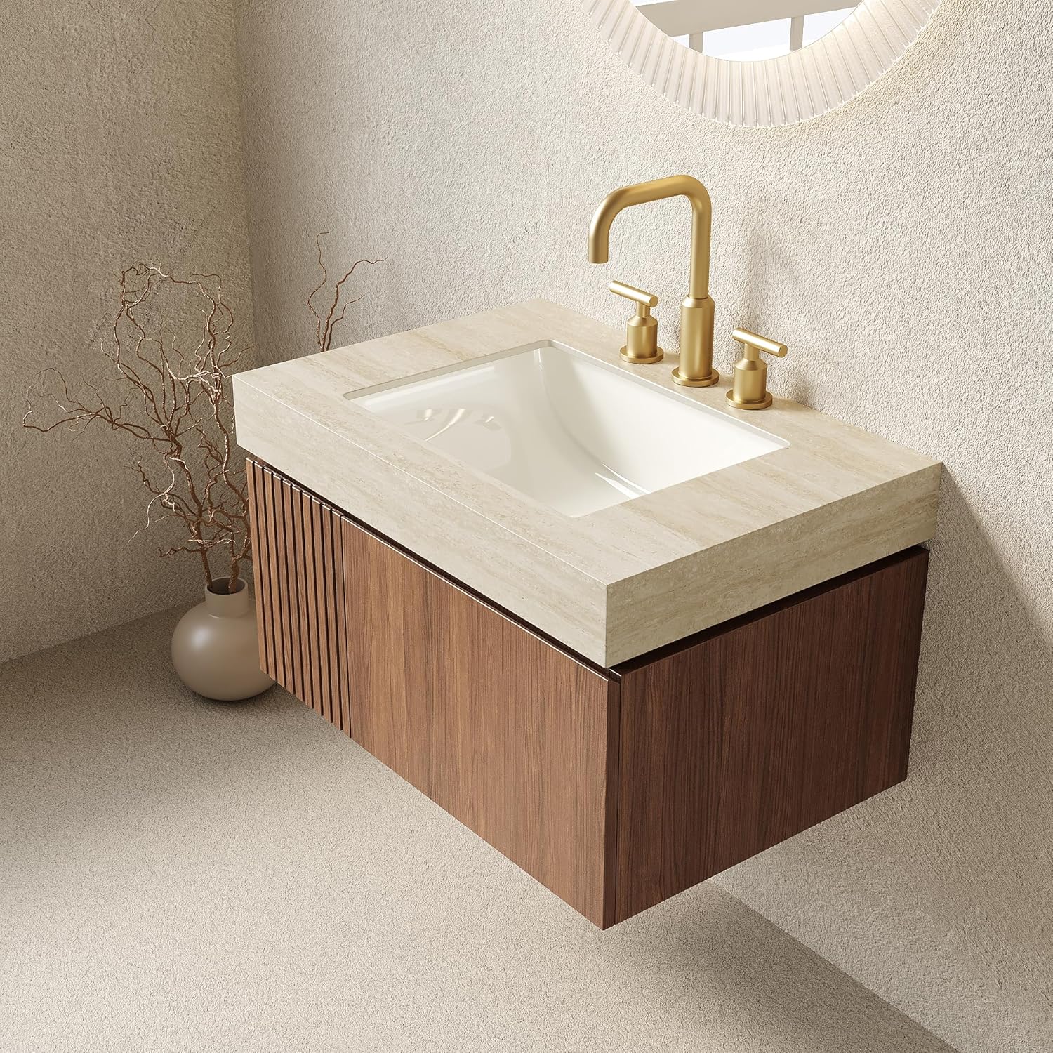30” Floating Bathroom Vanity with Sink, Wall-Mounted Cabinet with Drawer & Doors, Roma Travertine-Pattern Countertop, Undermount Basin, 3 Faucet Hole, Soft-Close, Pre-Assembled, Brown Oak
