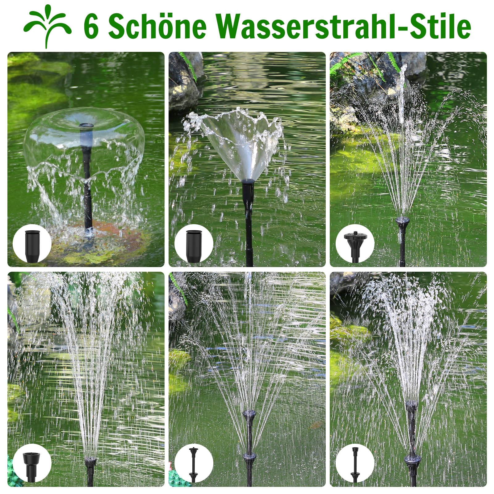 AMZtime 15W Solarbrunnen für Draussen, Solar Teichpumpe mit 6 Sprüh Effekten, Solar Fontäne Pumpe für Garten